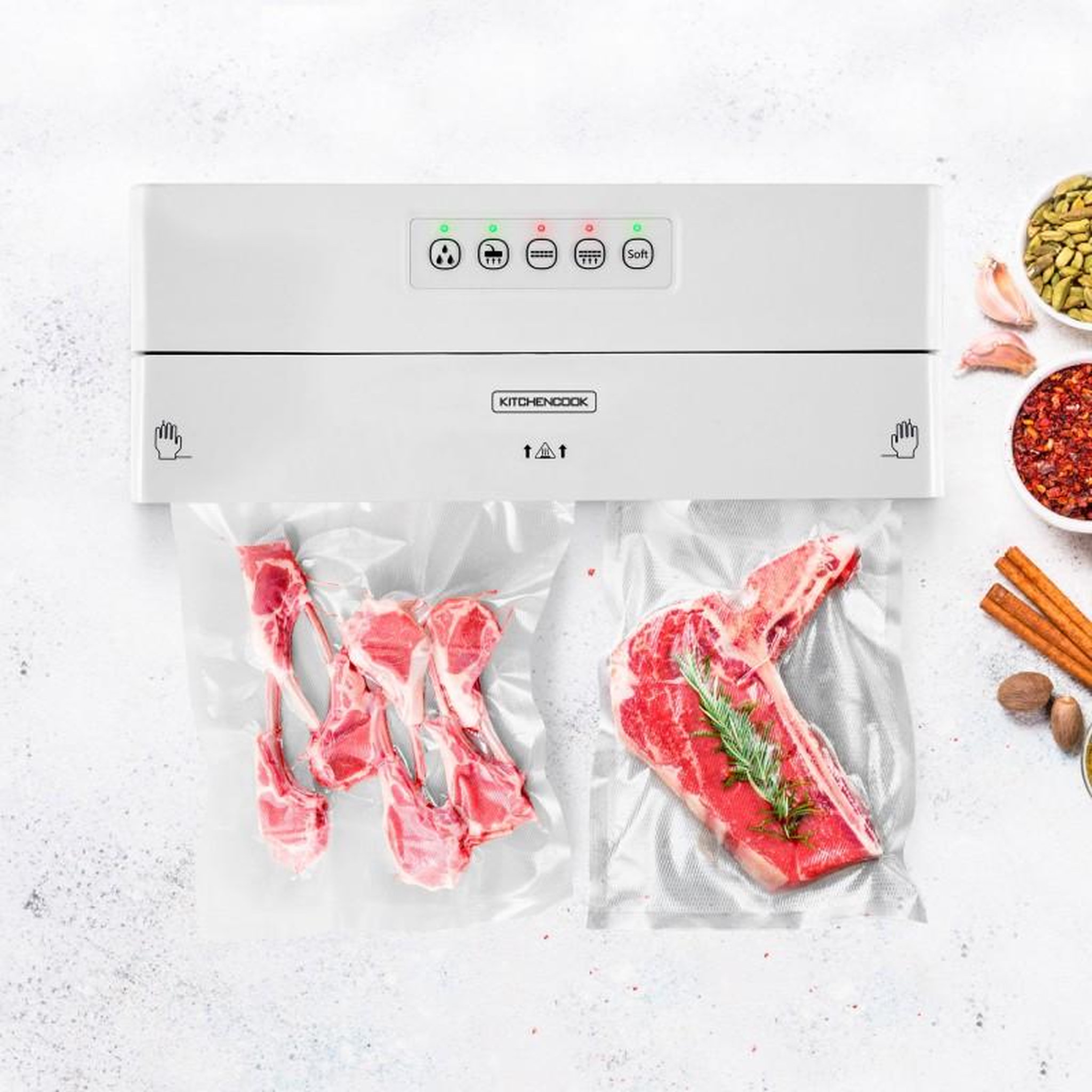Voir la diapositive 6 : KITCHENCOOK Machine sous vide avec coupe-rouleau blanche modèle airprotect300 de kitchencook