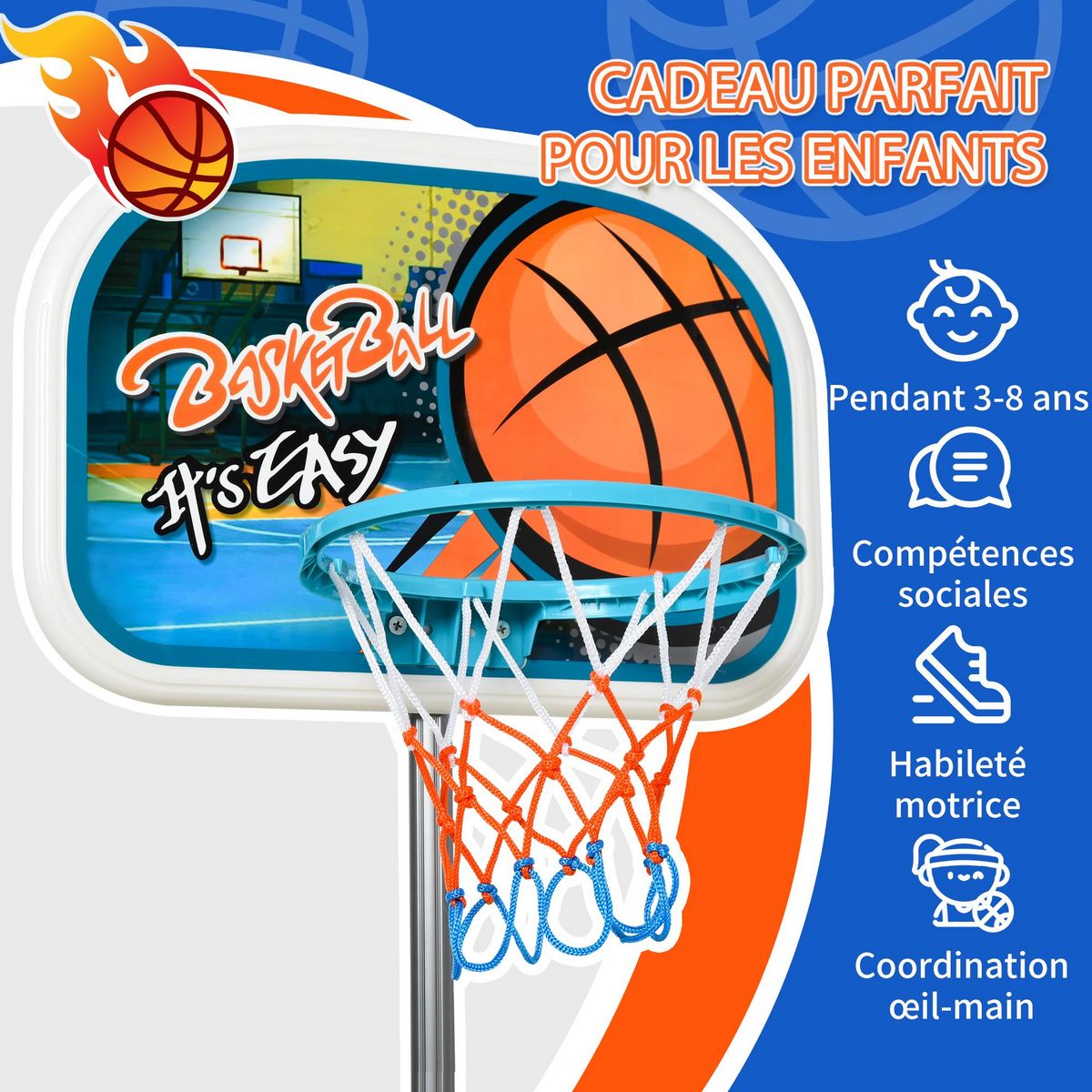 HOMCOM Panier de basket-ball sur pied avec poteau base lestage panneau + ballon + pompe hauteur réglable 1,26 – 1,58 m