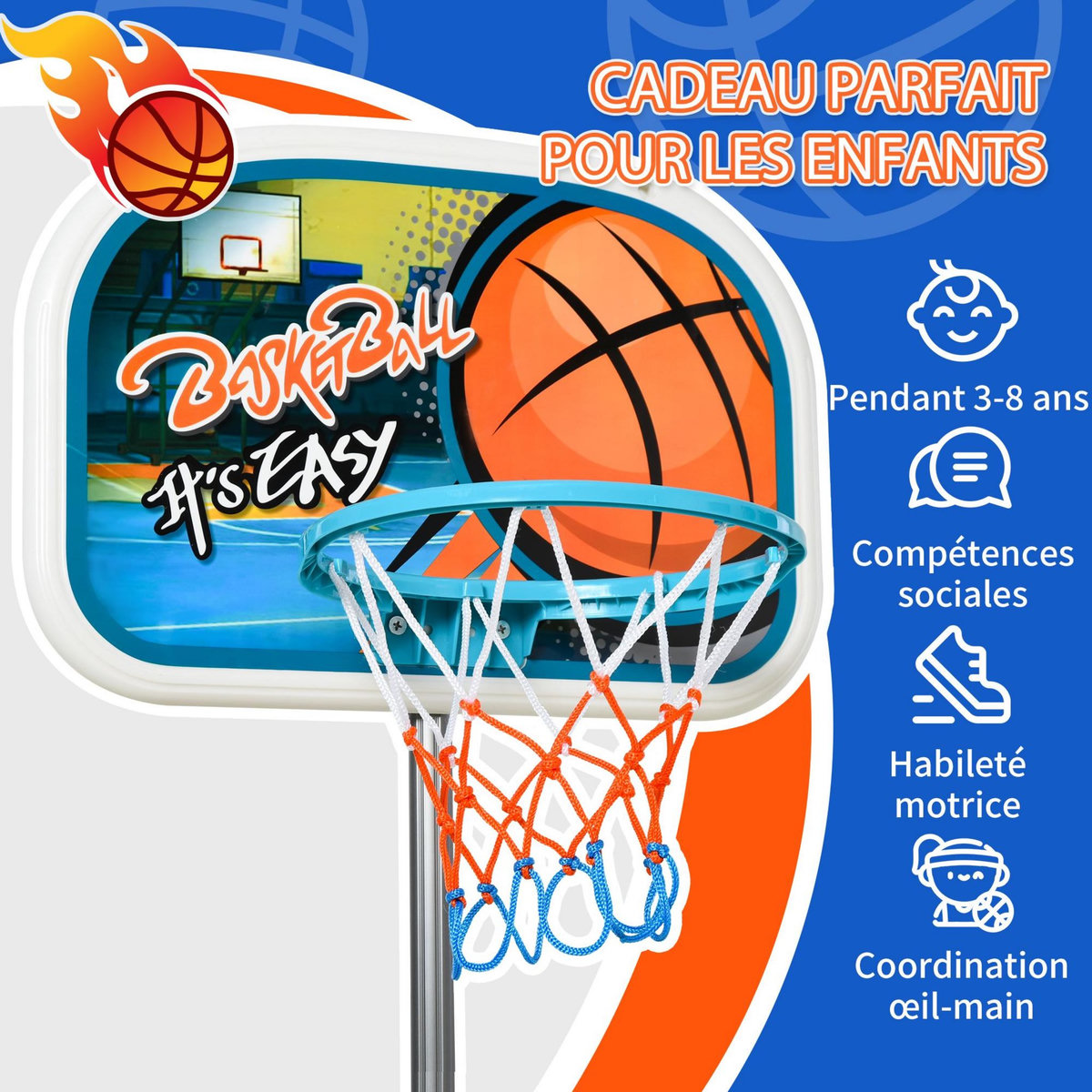 HOMCOM Panier de basket-ball sur pied avec poteau base lestage panneau + ballon + pompe hauteur réglable 1,26 – 1,58 m