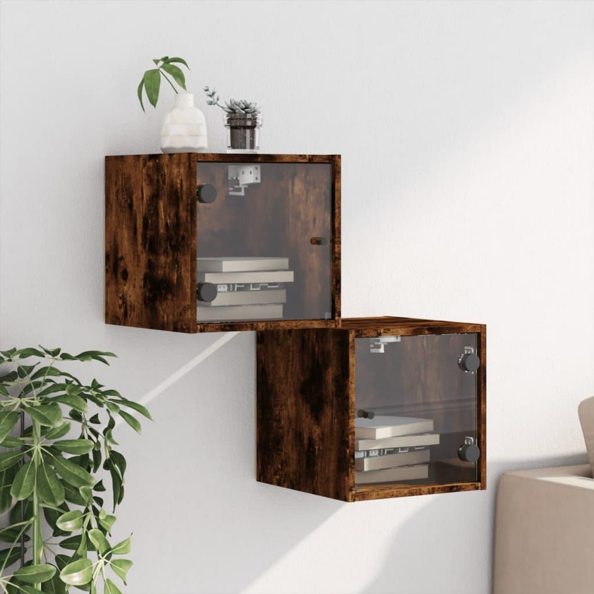 VIDAXL Tables de chevet et portes vitrees 2 pcs chene fume 35x37x35 cm