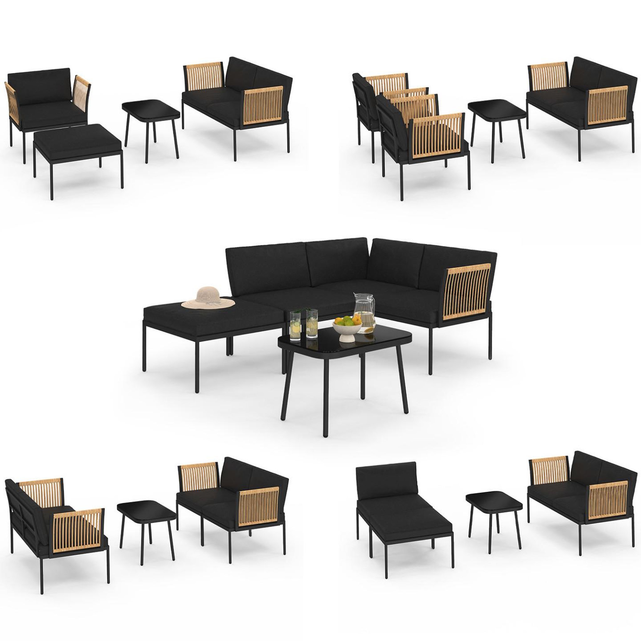 Voir la diapositive 4 : ID MARKET Salon de jardin bas rio 4 places modulable structure métal noir, cordage effet rotin clair avec coussins noirs