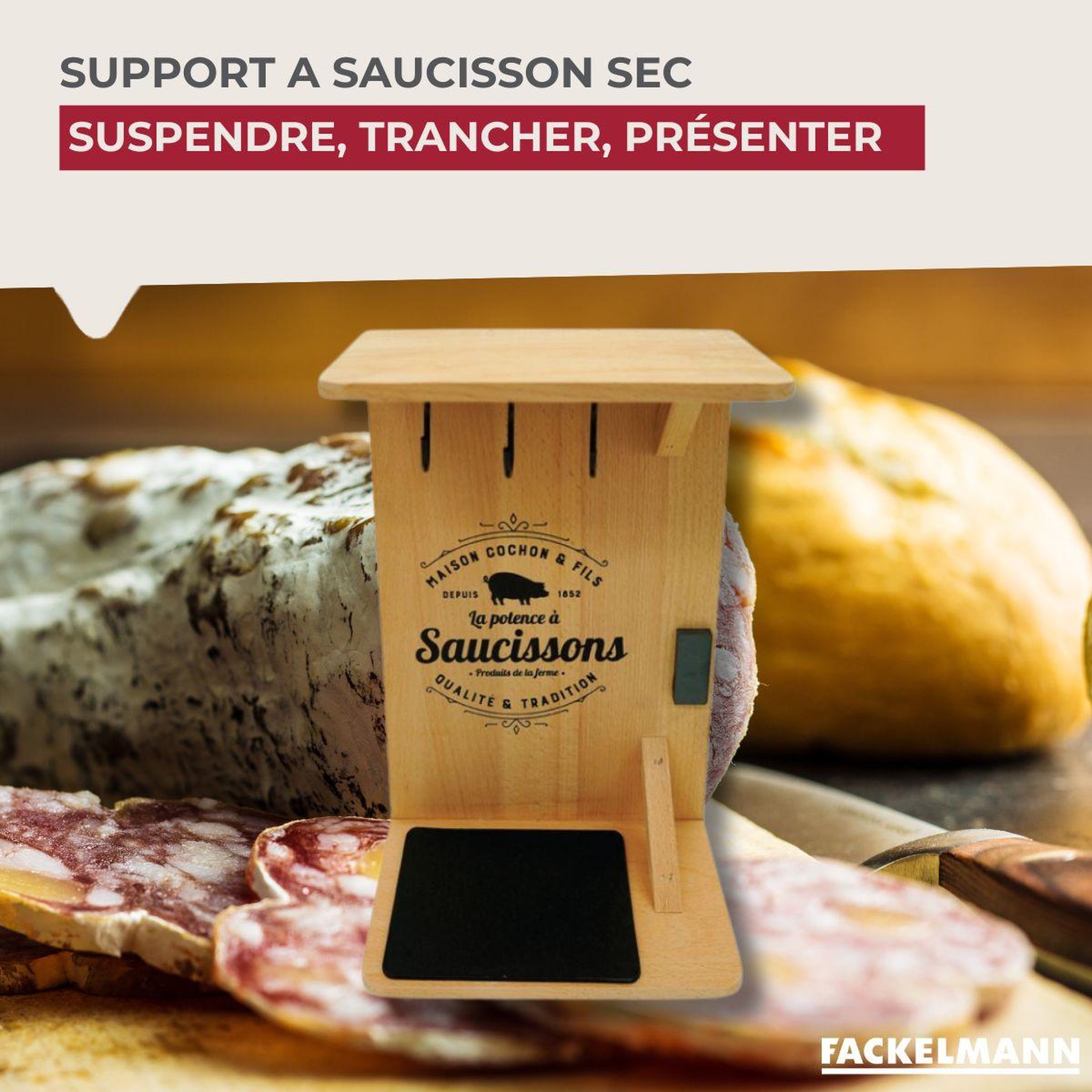 Voir la diapositive 2 : Fackelmann Support en bois pour saucisson sec avec crochets Fackelmann