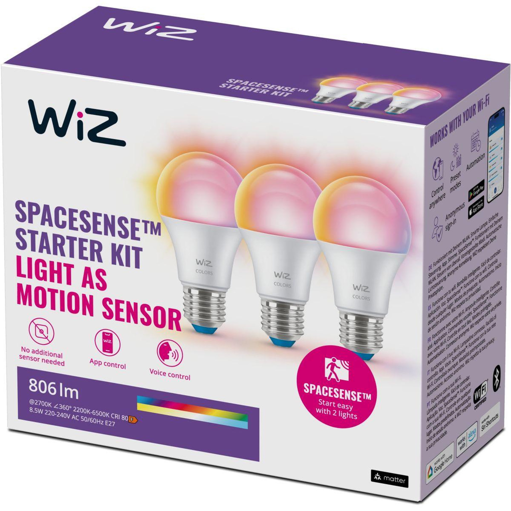 WIZ Ampoule LED connectée E27 Couleur 60W pack de 3