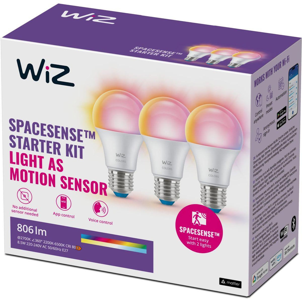 WIZ Ampoule LED connectée E27 Couleur 60W pack de 3