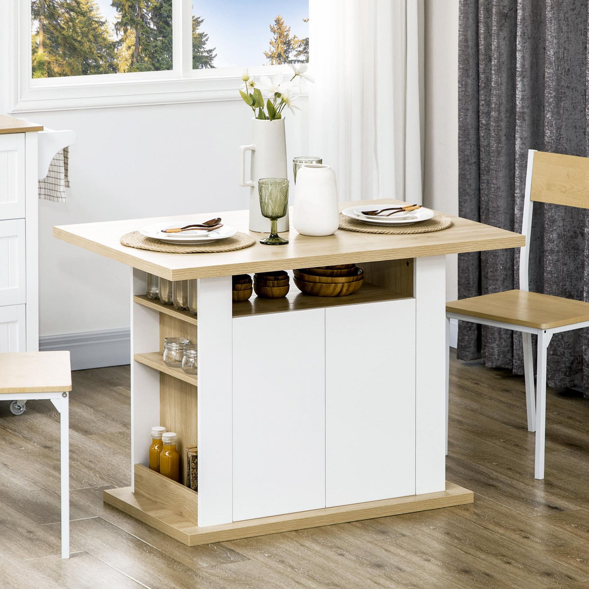 HOMCOM Table à manger ilot central cuisine 4-6 personnes blanc naturel