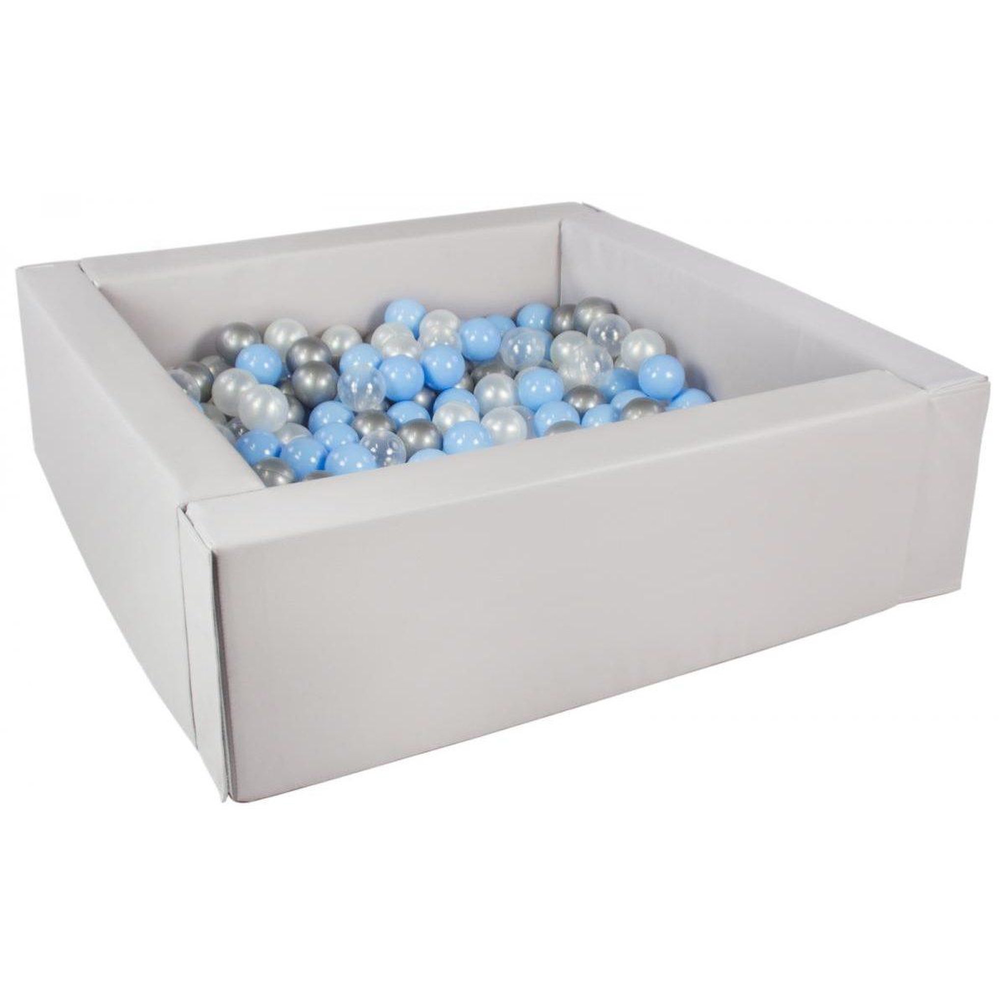 VELINDA Piscine à balles carrée avec 300 balles - gris/perle, transparent, bleu clair, argent