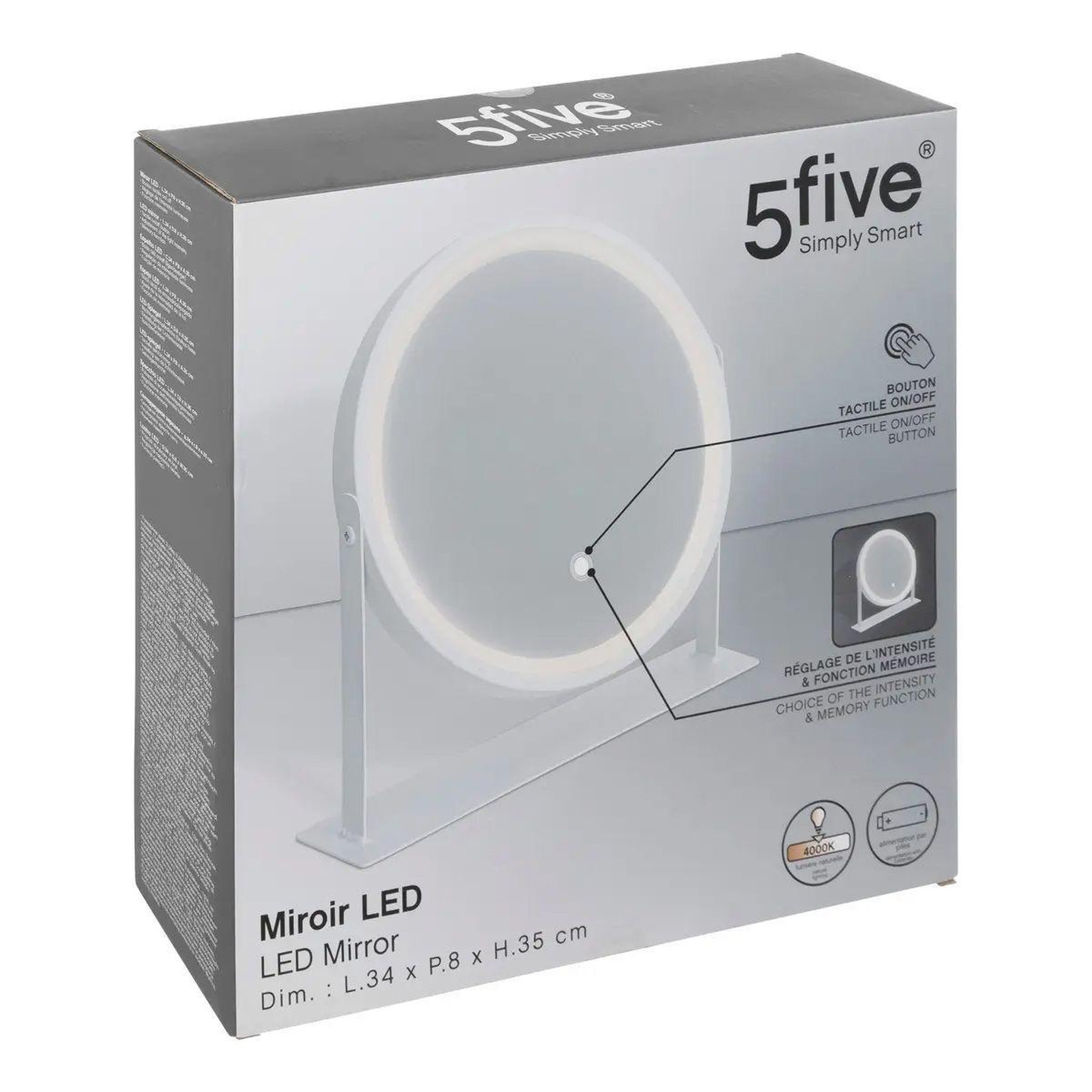 Voir la diapositive 5 : FIVE Miroir pivotant à poser  led  35cm blanc
