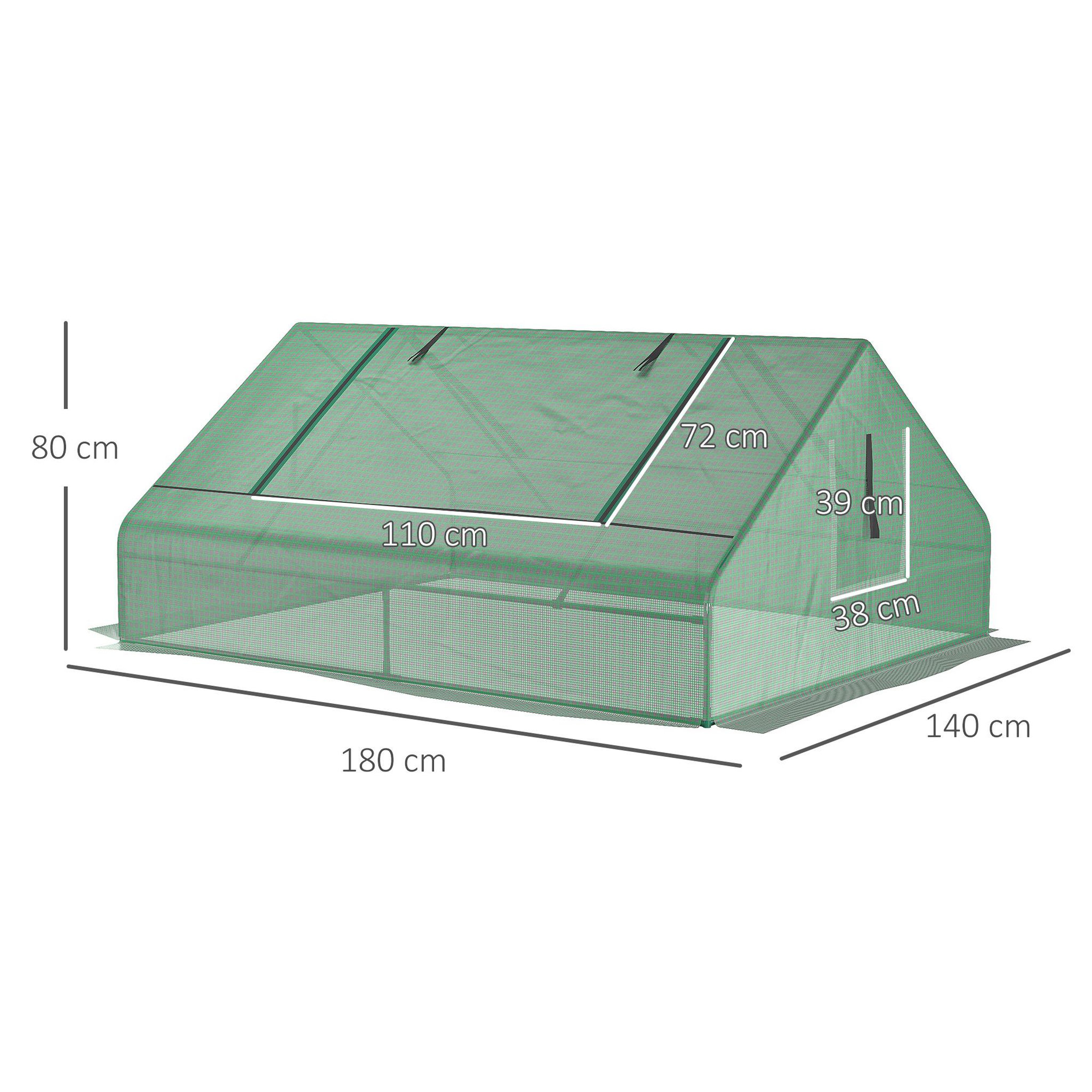 Voir la diapositive 3 : OUTSUNNY Mini serre de jardin 180 x 140 x 80 cm toit 2 pans 2 fenêtres acier PE haute densité 140 g/m² vert