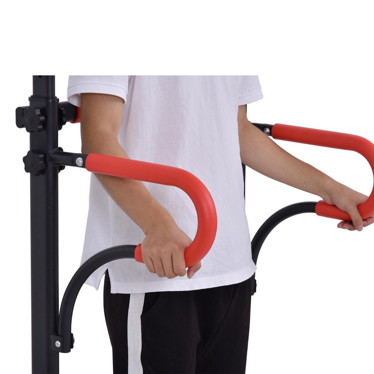 HOMCOM Station de musculation multifonctions barre de traction chaise romaine hauteur réglable acier noir rouge