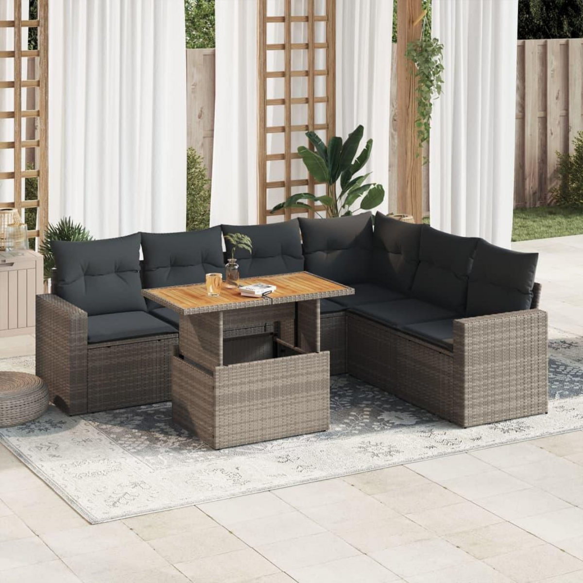 VIDAXL Salon de jardin avec coussins 7 pcs gris resine tressee