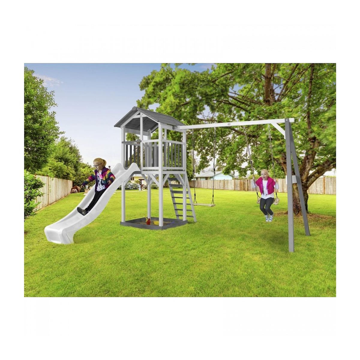 Axi House AXI Structure de jeu Beach Tower Blanc Gris avec 2 balancoires et toboggan Blanc