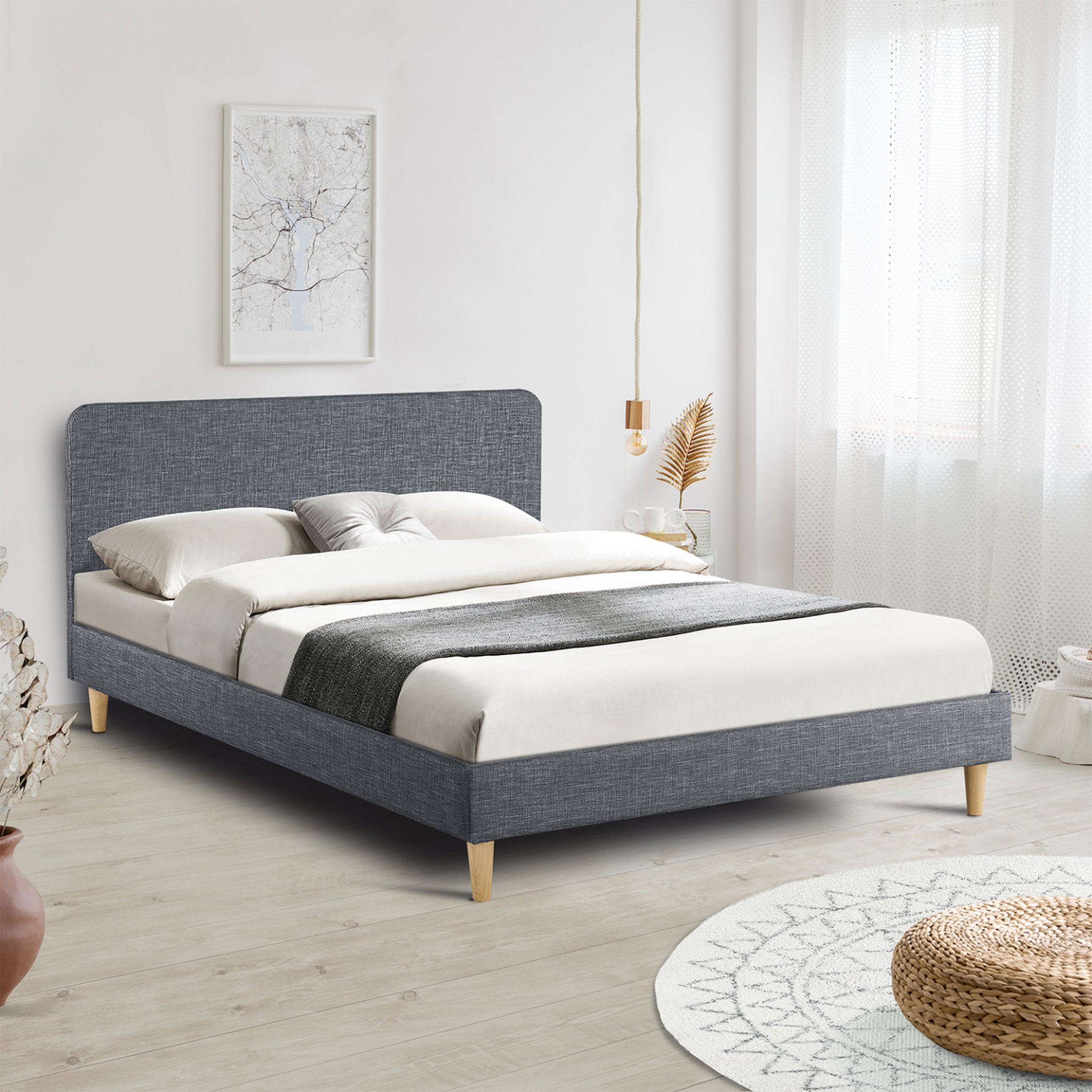 Voir la diapositive 2 : ID MARKET Lit double scandinave balta avec tête de lit et sommier 160 x 200 cm tissu gris anthracite