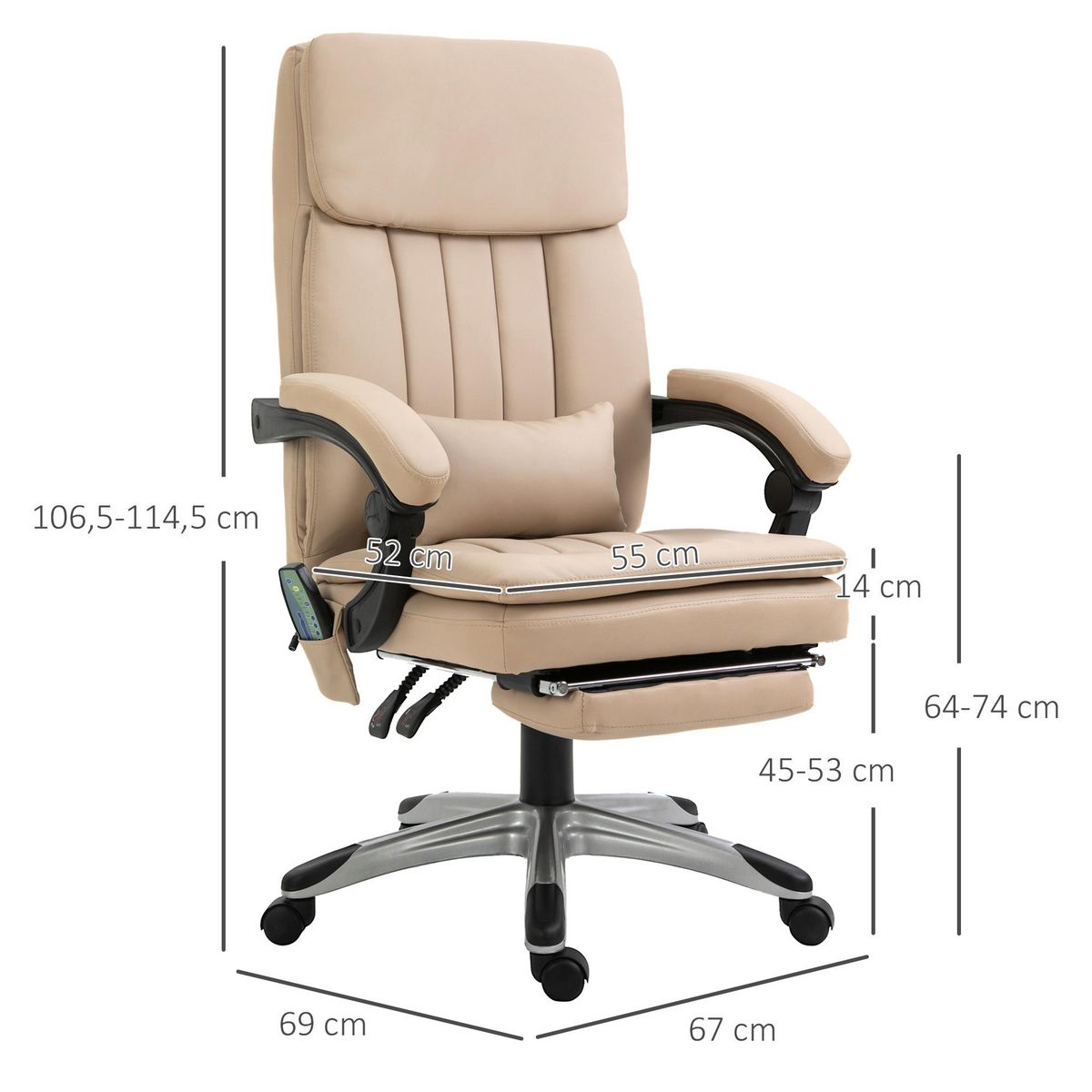 VINSETTO Vinsetto Fauteuil de bureau direction massant hauteur réglable dossier inclinable repose-pied coussin lombaires revêtement synthétique beige