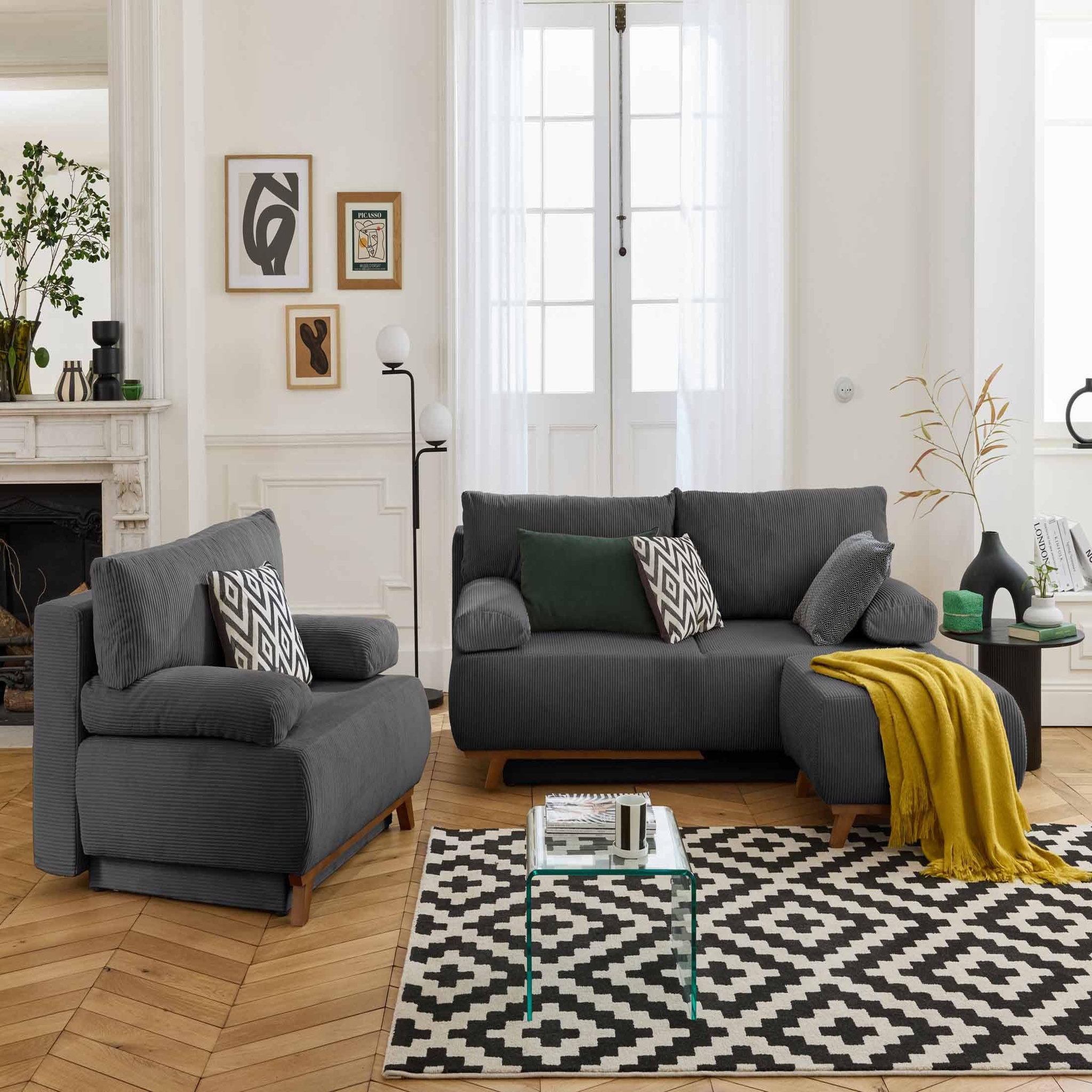 Voir la diapositive 6 : BEST MOBILIER Cristal - canapé 3 places - convertible avec coffre et pouf - en velours côtelé