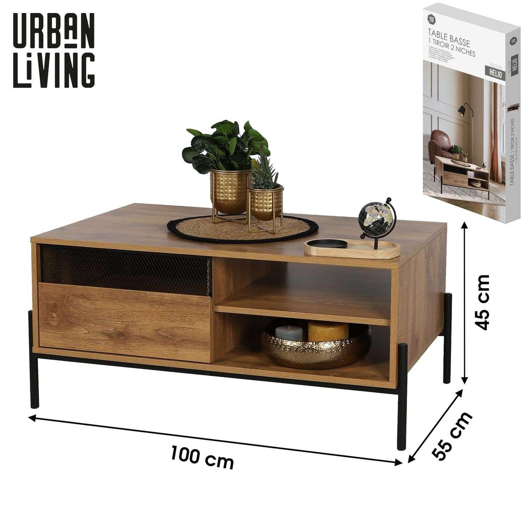 Voir la diapositive 2 : DIVERS Table basse 1 tiroir et 2 niches helio en bois et métal - marron et noir