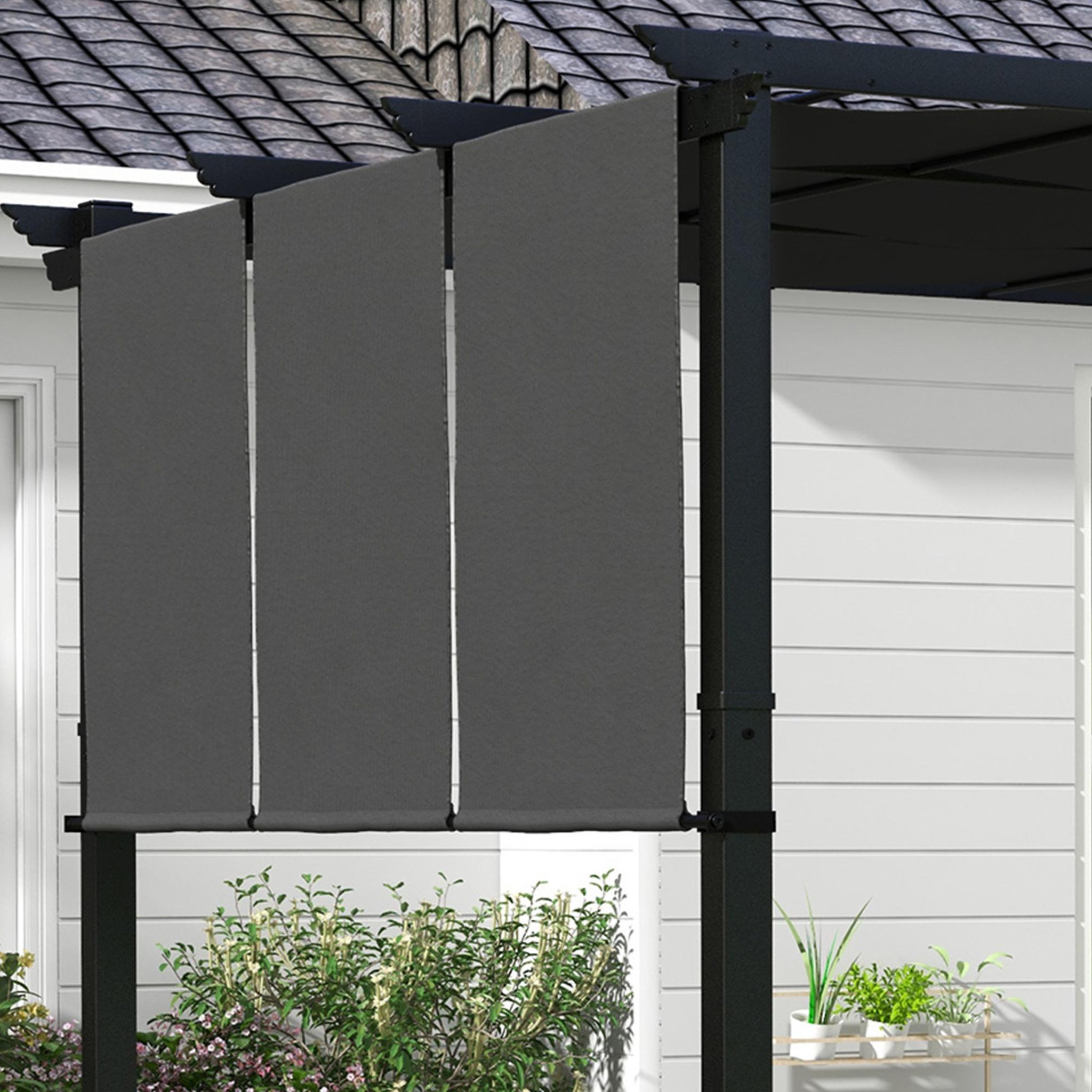 Voir la diapositive 4 : OUTSUNNY Pergola 3 toiles coulissantes - dim. 2,97L x 2,97l x 2,38H m - acier époxy polyester haute densité anthracite