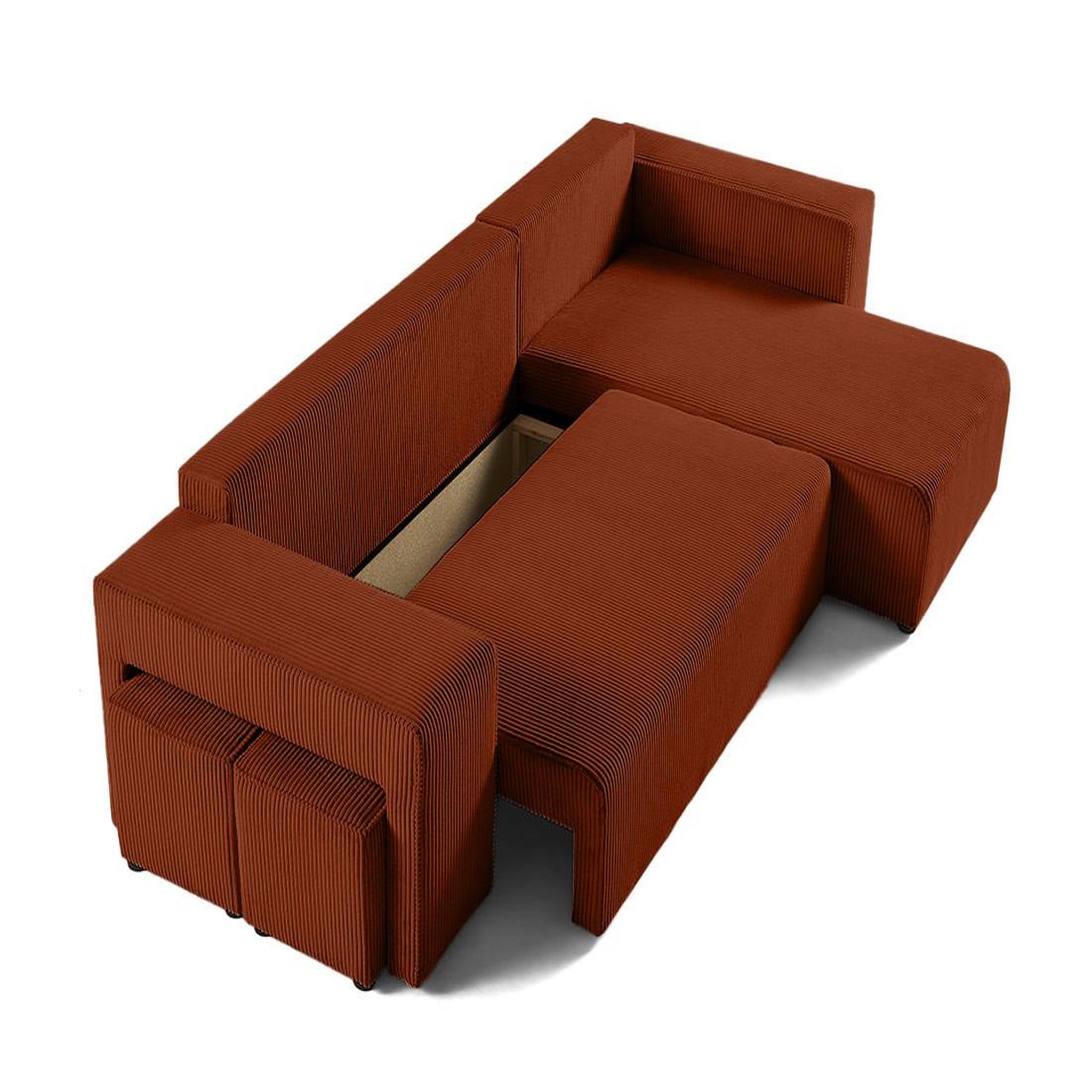 Voir la diapositive 3 : BEST MOBILIER Topaze - canapé d'angle réversible 4 places - convertible avec coffre, tablette et poufs - en velours côtelé