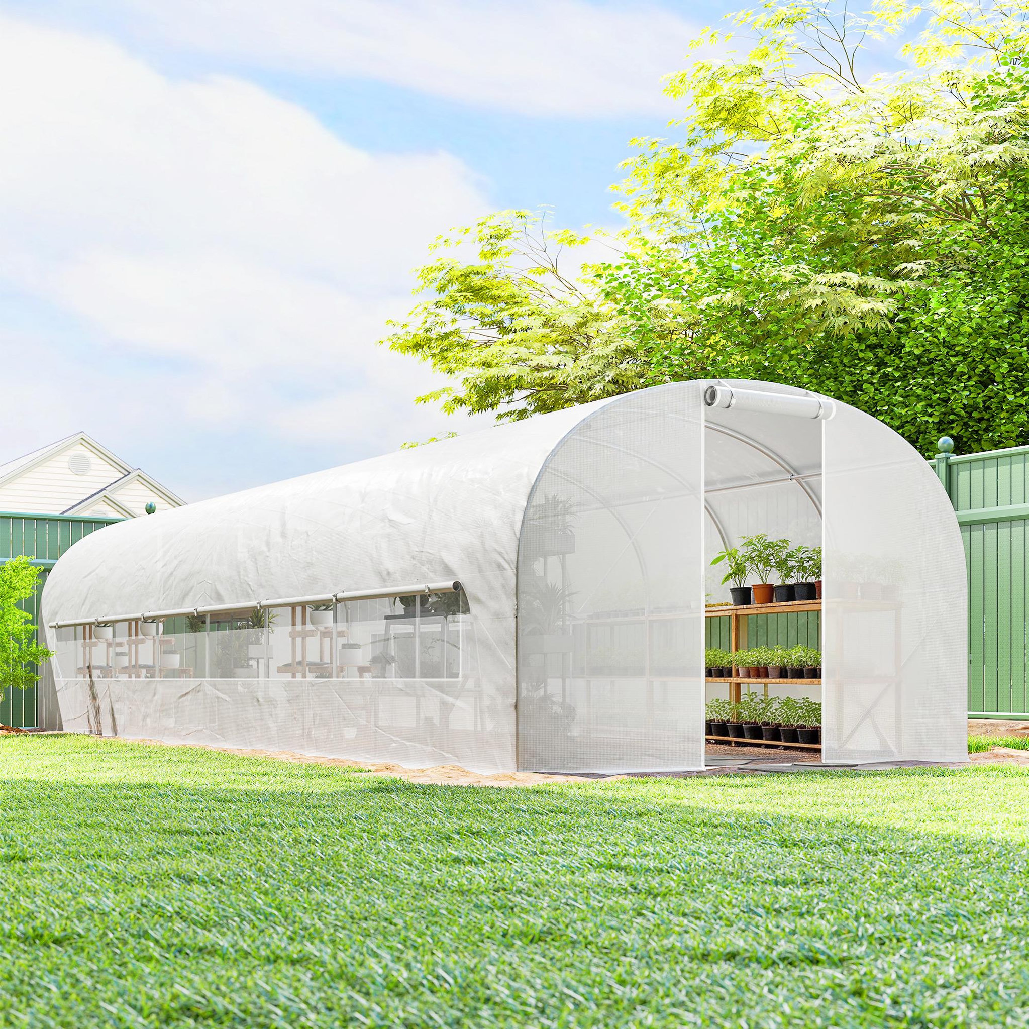 Voir la diapositive 2 : OUTSUNNY Serre tunnel de jardin 24m² 2 grandes fenêtres bâche pe 140 g/m² blanc