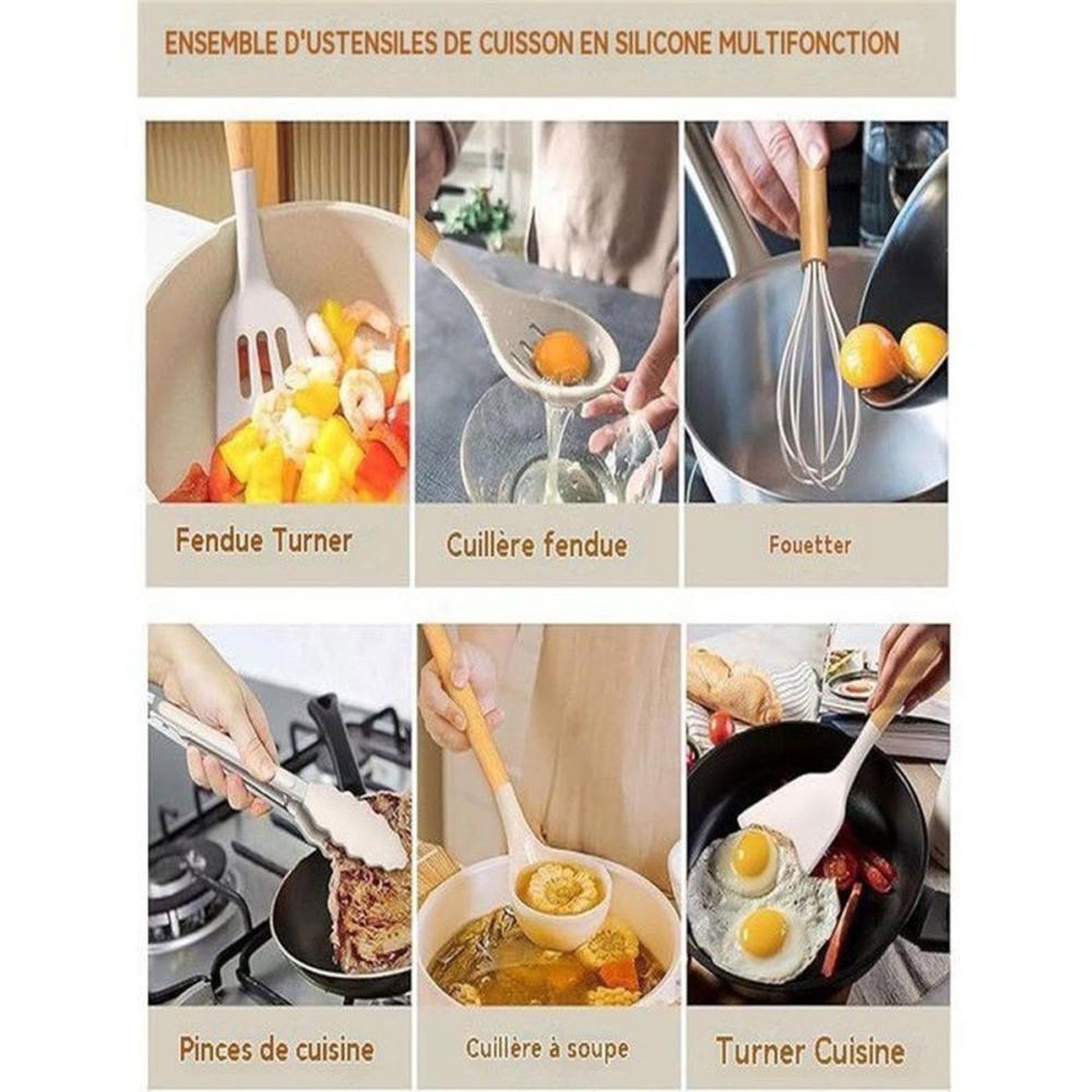 Voir la diapositive 6 : Set d'ustensiles de cuisine en silicone alimentaire 14 pièces blanc, antiadhésifs, résistance 250°C, compatible lave-vaisselle