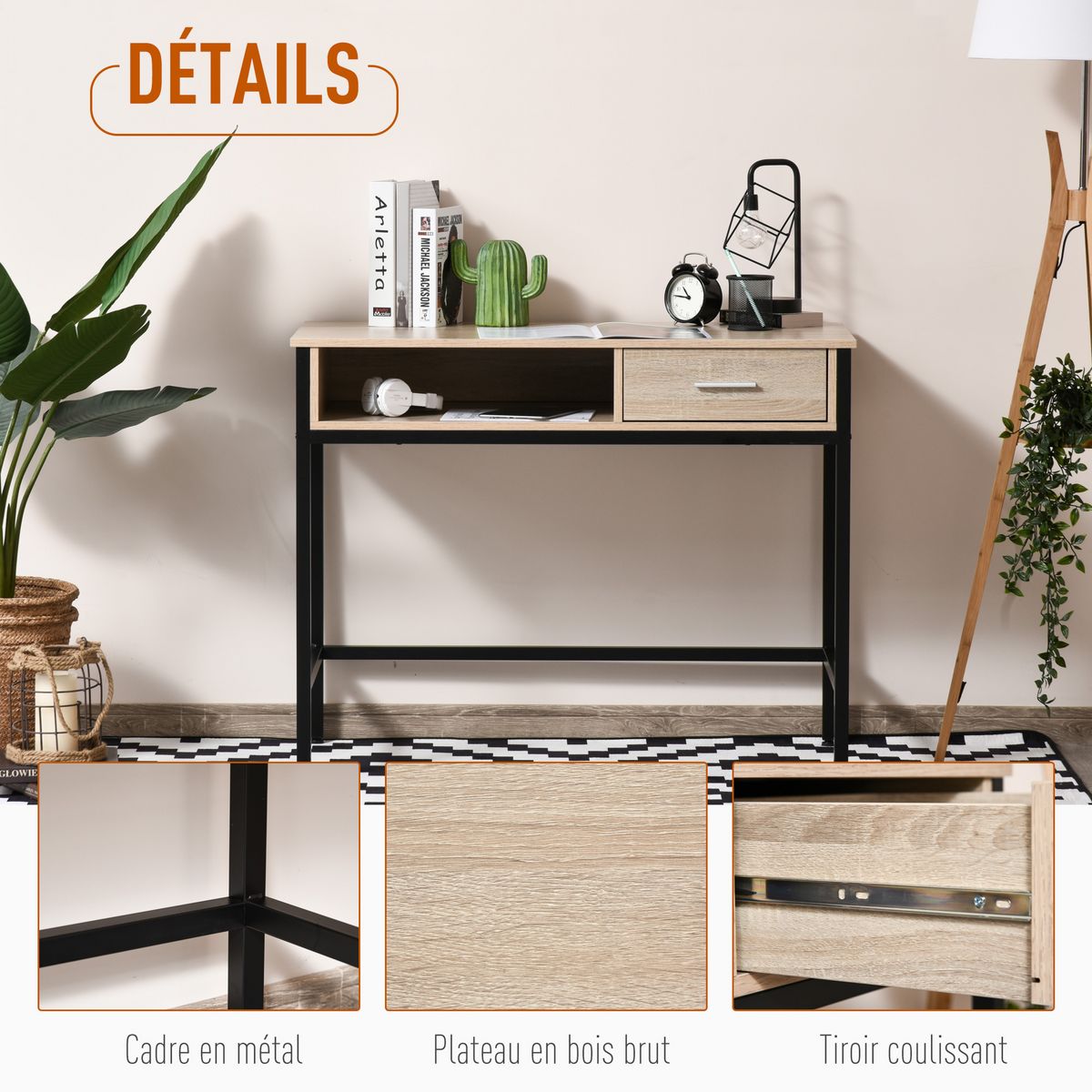 HOMCOM Bureau style industriel casier + tiroir coulissant châssis métal noir plateau panneaux particules chêne clair