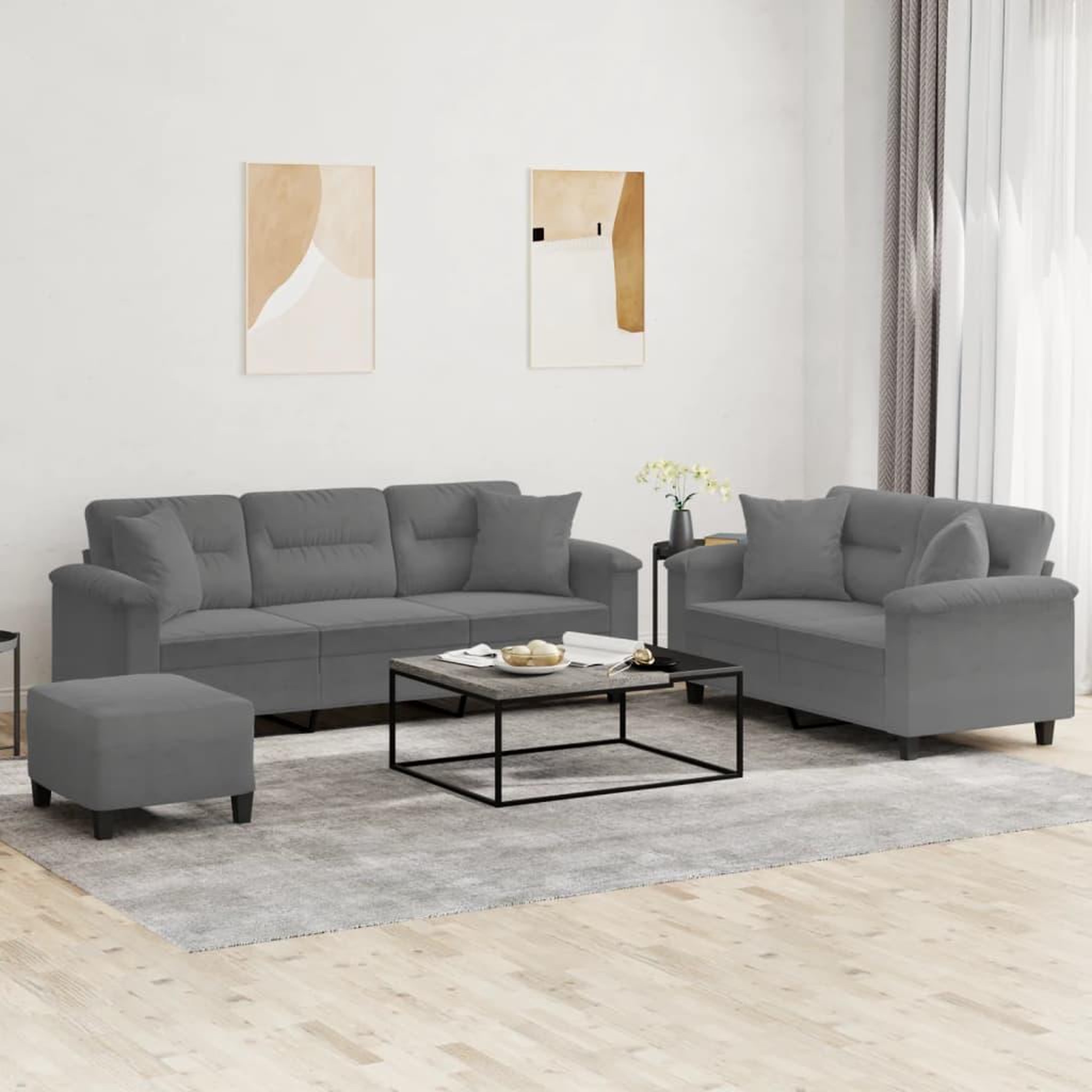 VIDAXL Ensemble de canapes 3 pcs coussins Gris fonce Tissu microfibre