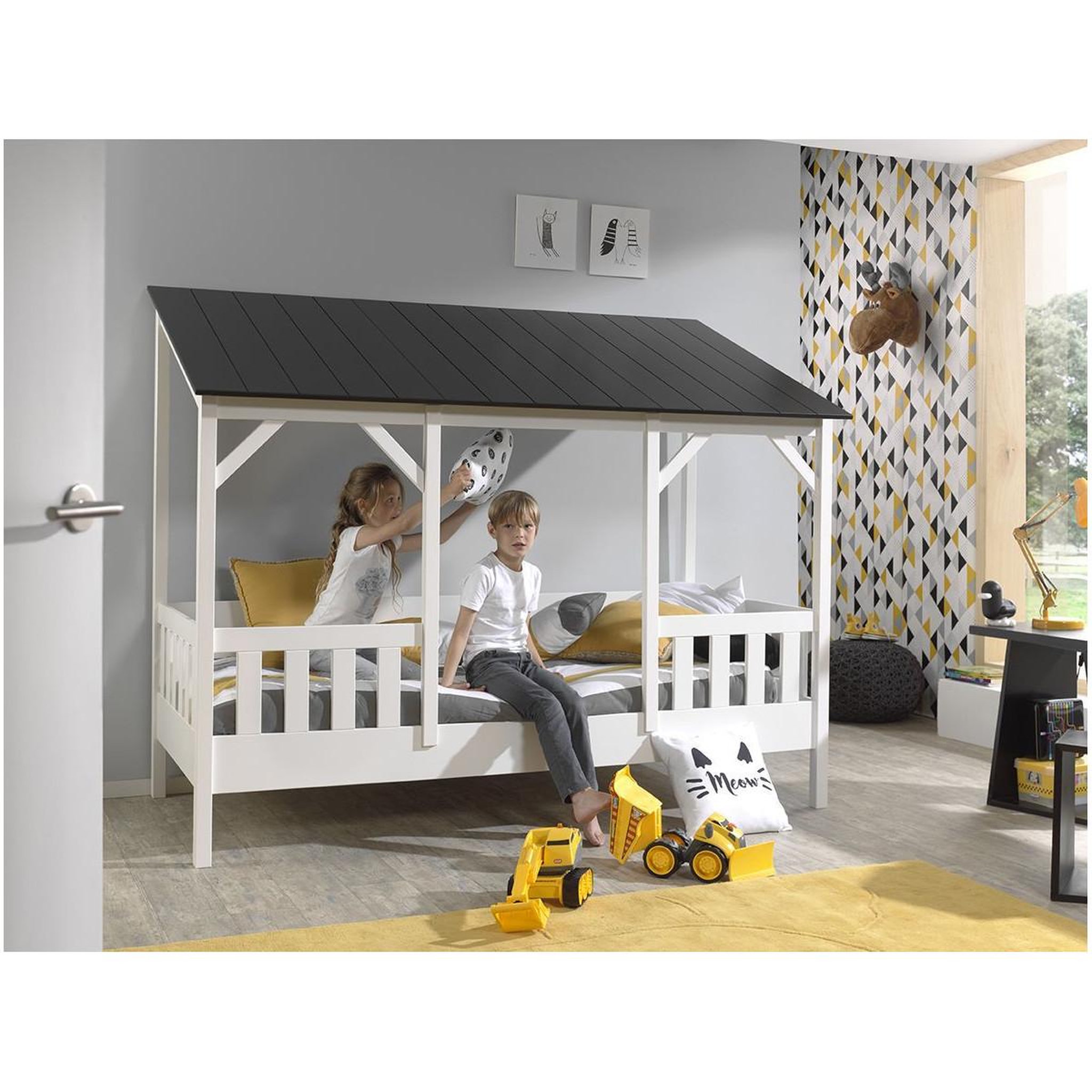 Voir la diapositive 5 : Paris Prix Pack - lit cabane enfant, sommier & matelas  housebed iii  90x200cm blanc & noir