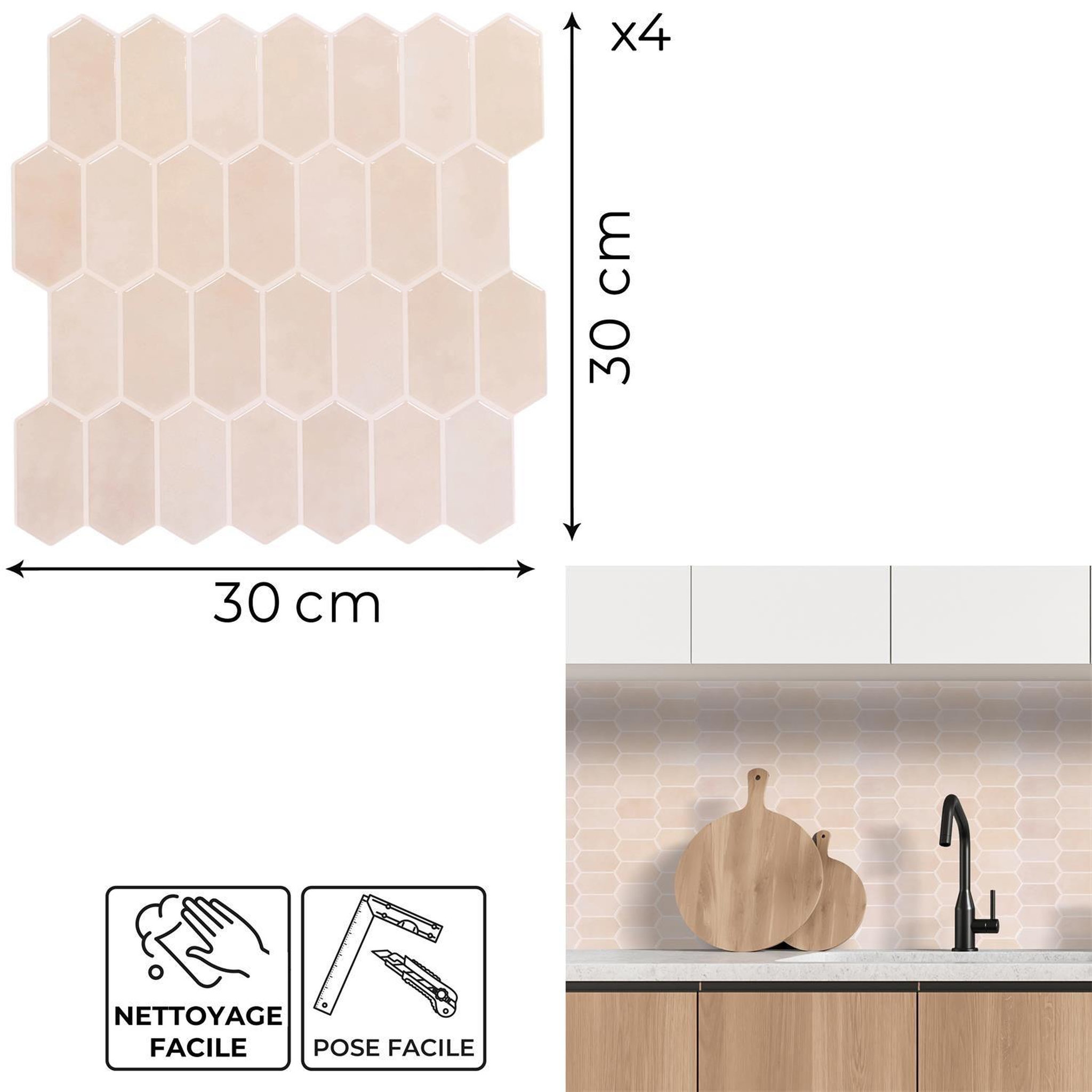 Voir la diapositive 3 : The Home Deco Factory 4 crédences adhésives hexagonales - 30 x 30 cm - beige