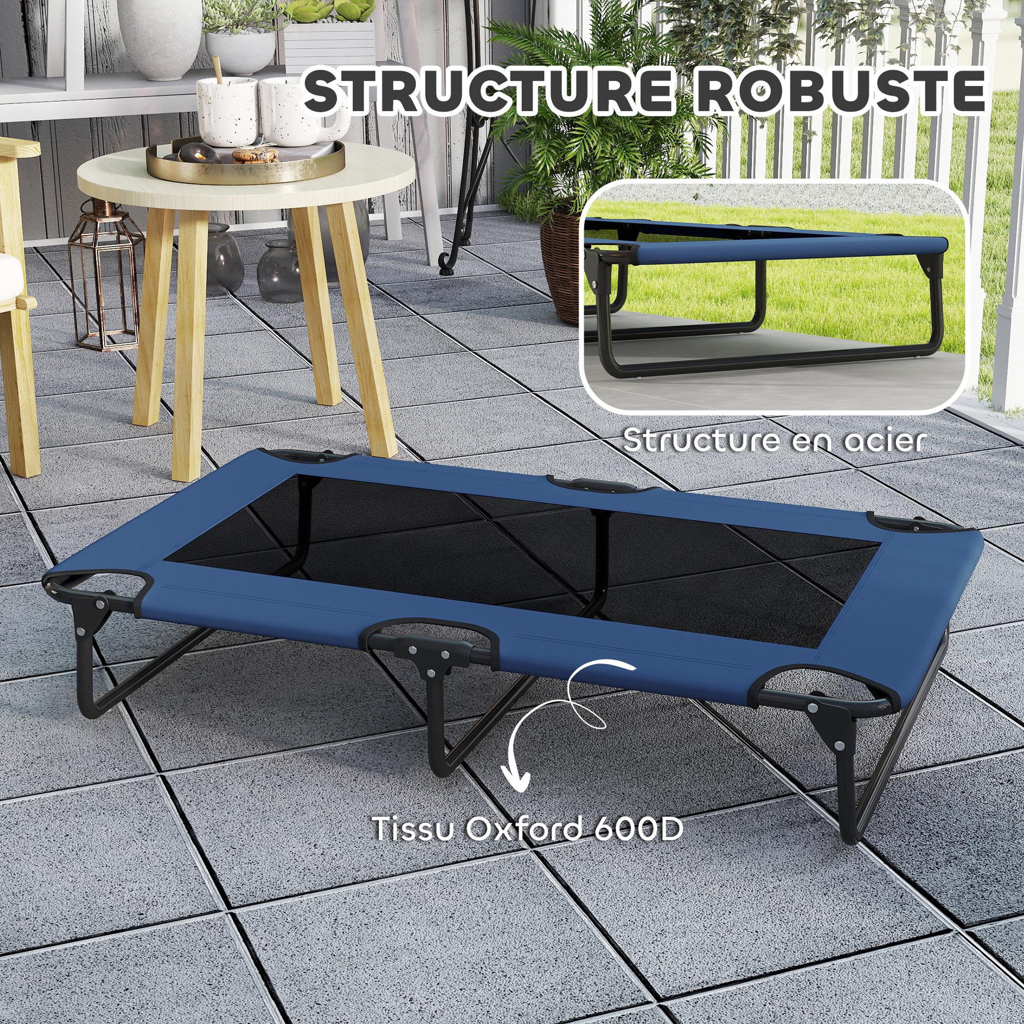 Voir la diapositive 6 : PAWHUT Transat pour animaux pliable - lit pour chien - lit à pieds pour chien dim. 107 x 61 x 20 cm - bleu