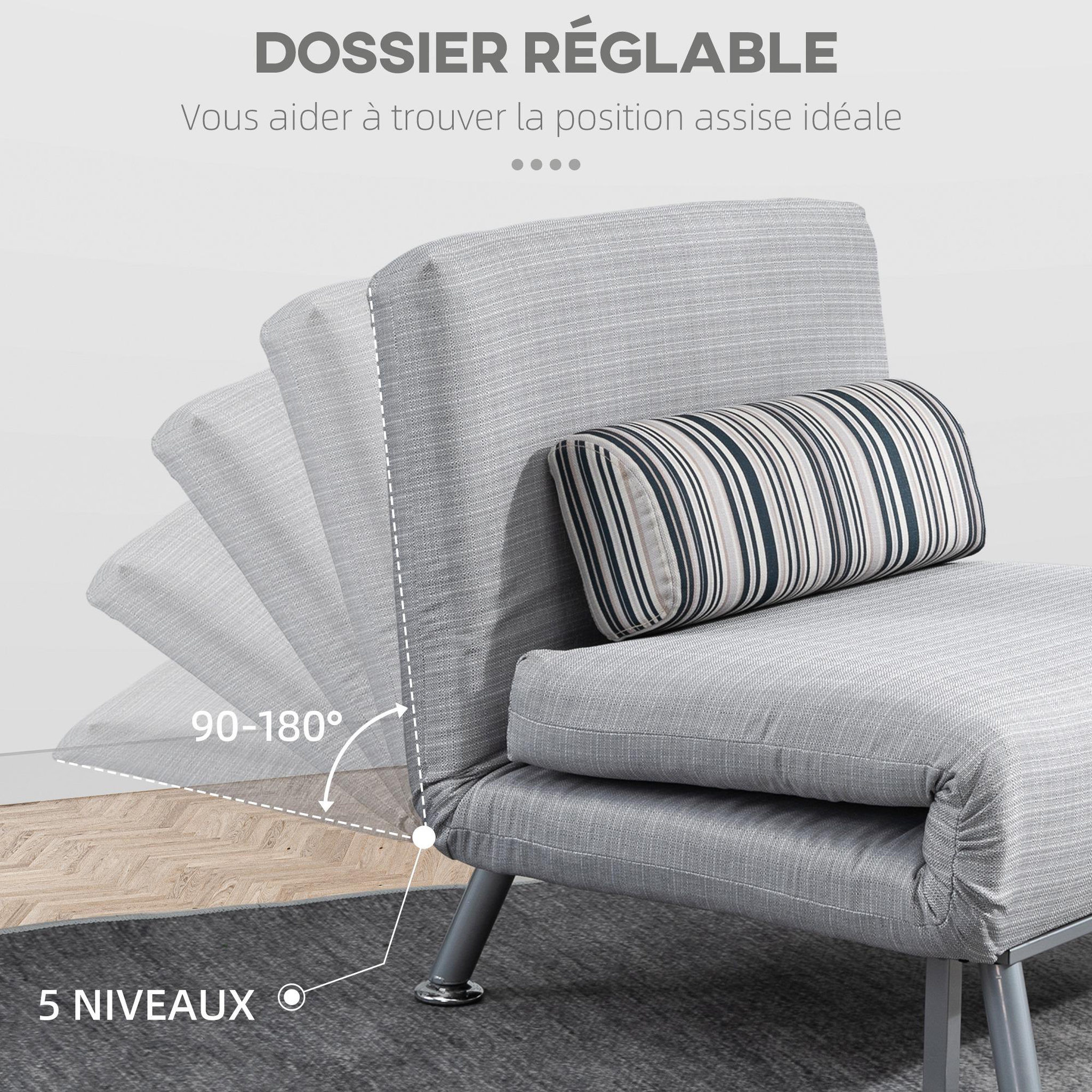 Voir la diapositive 4 : HOMCOM Fauteuil convertible 3 en 1 chauffeuse lit 1 place avec coussin gris