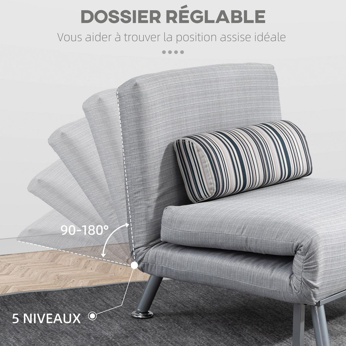 HOMCOM Fauteuil convertible 3 en 1 chauffeuse lit 1 place avec coussin gris