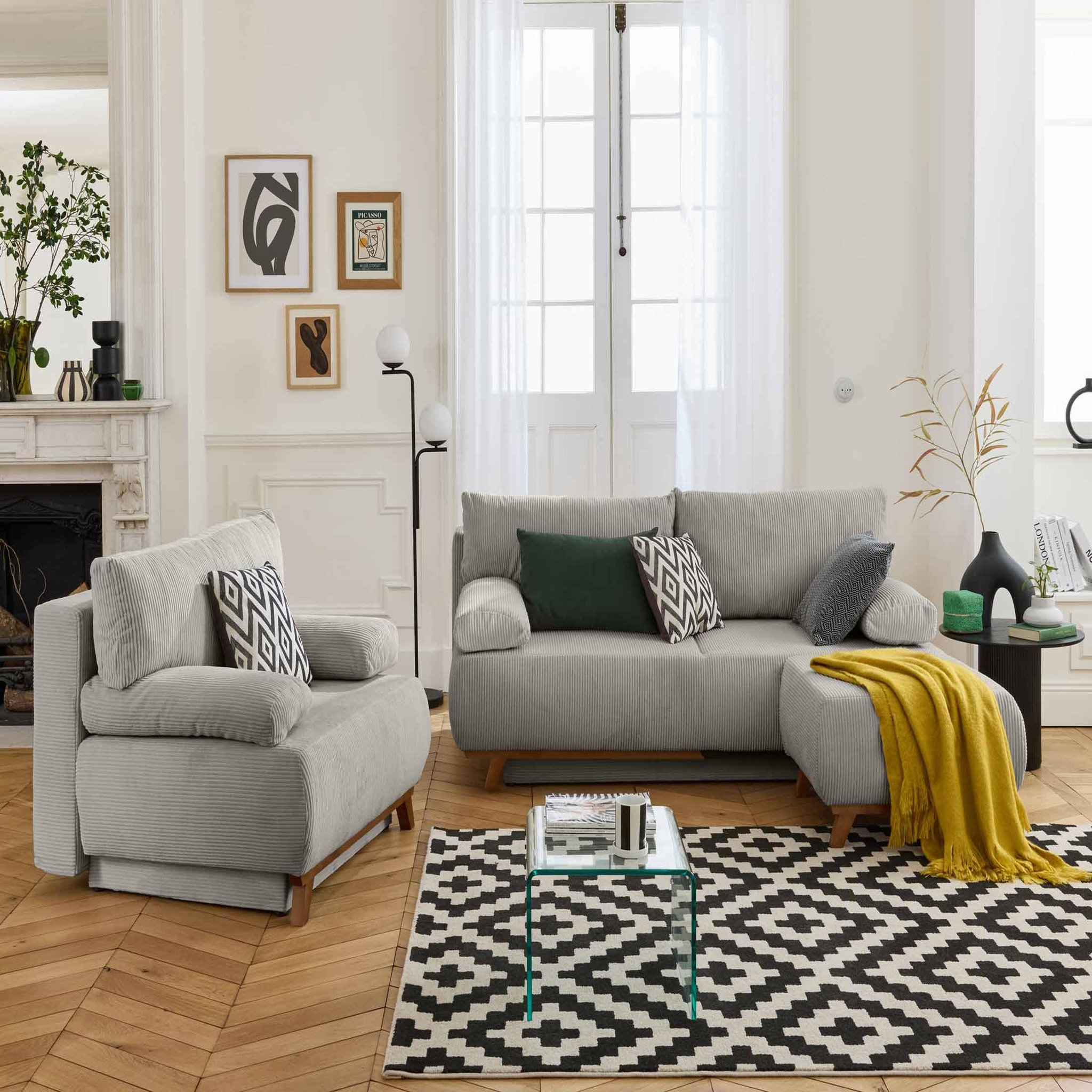Voir la diapositive 6 : BEST MOBILIER Cristal - canapé 3 places - convertible avec coffre et pouf - en velours côtelé