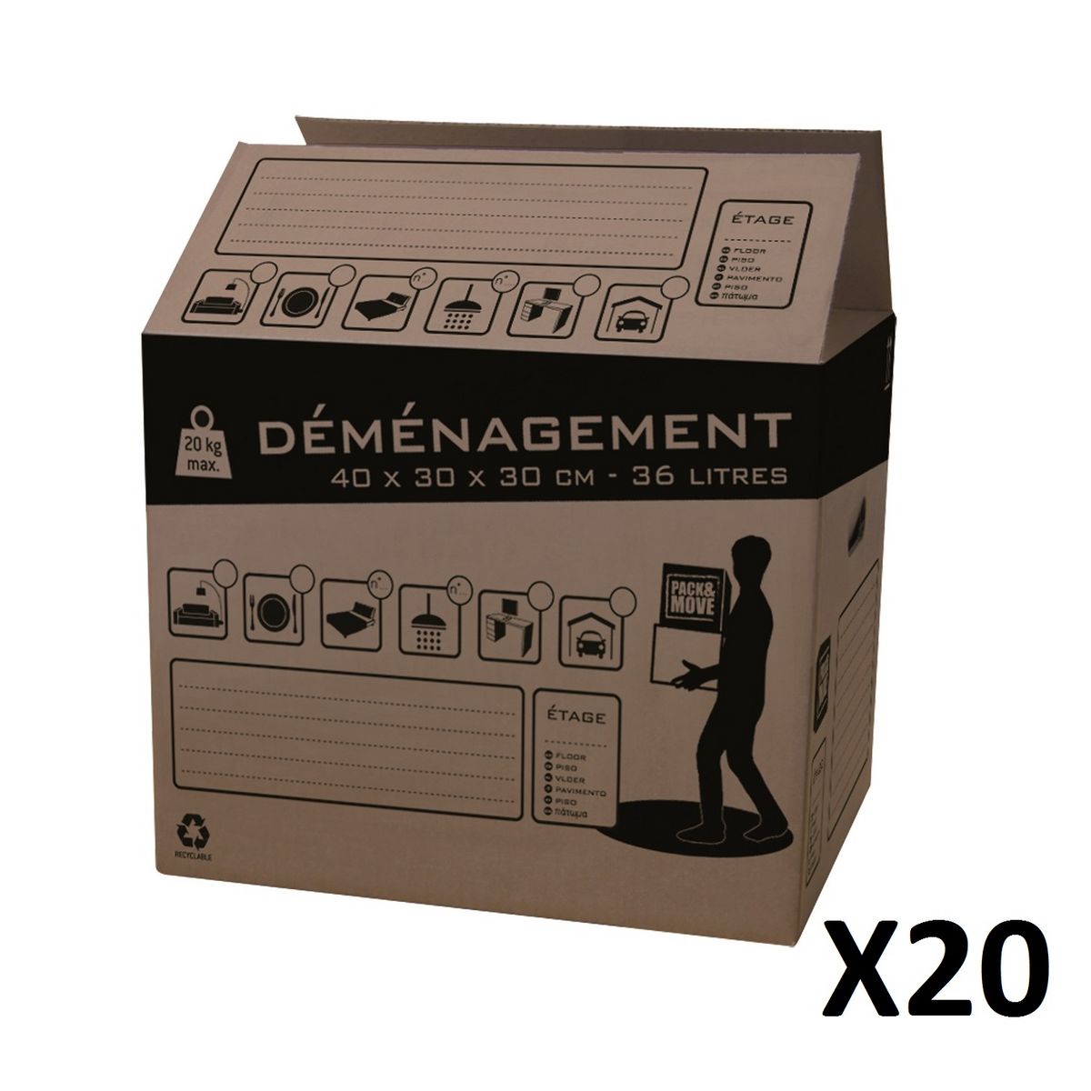 Lot de 20 cartons de déménagement 40 x 30 x 30 cm - 36L