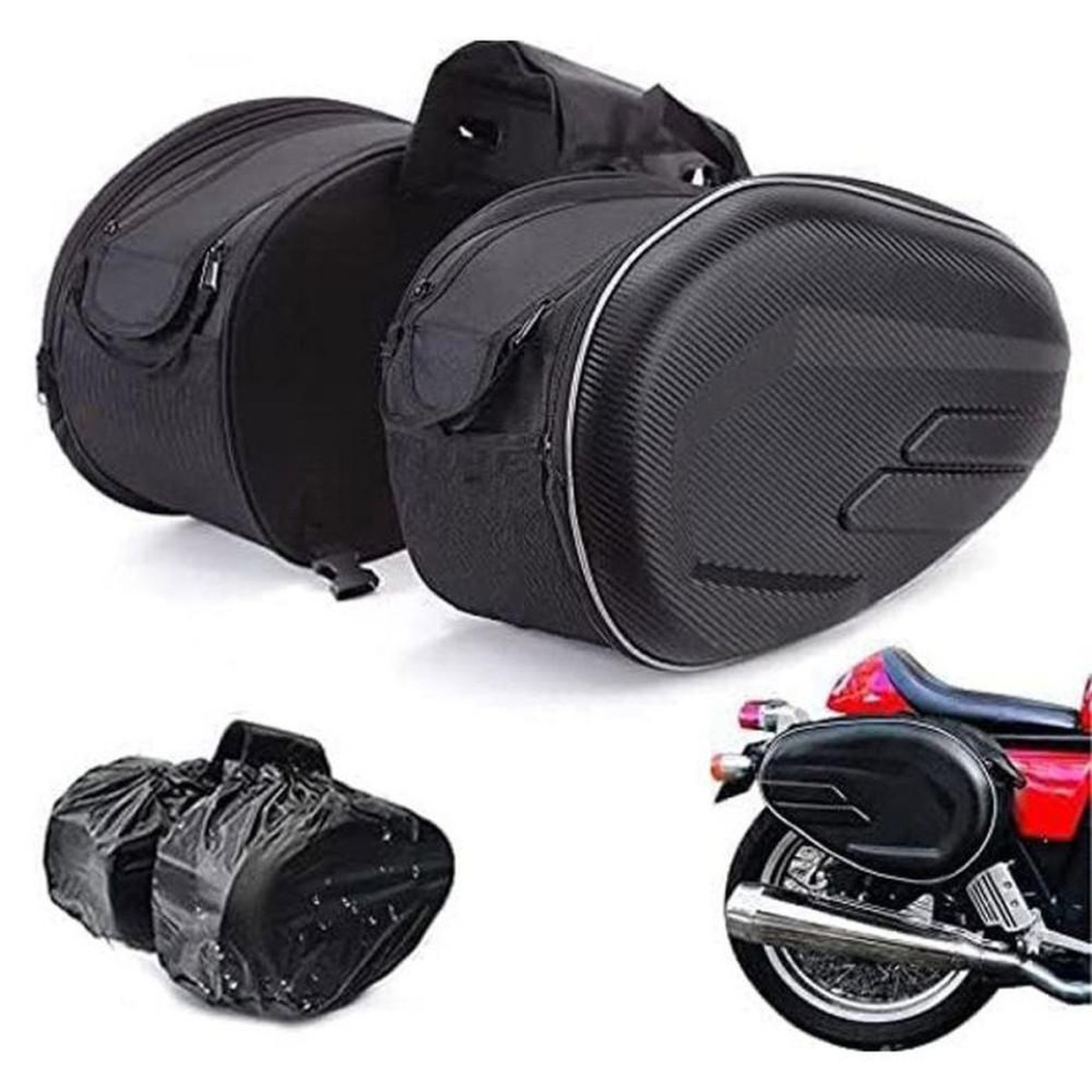 Sacs de moto imperméables extensibles 60 L noir style carbone, set 3 pièces (2 sacoches latérales + sac arrière/haut)