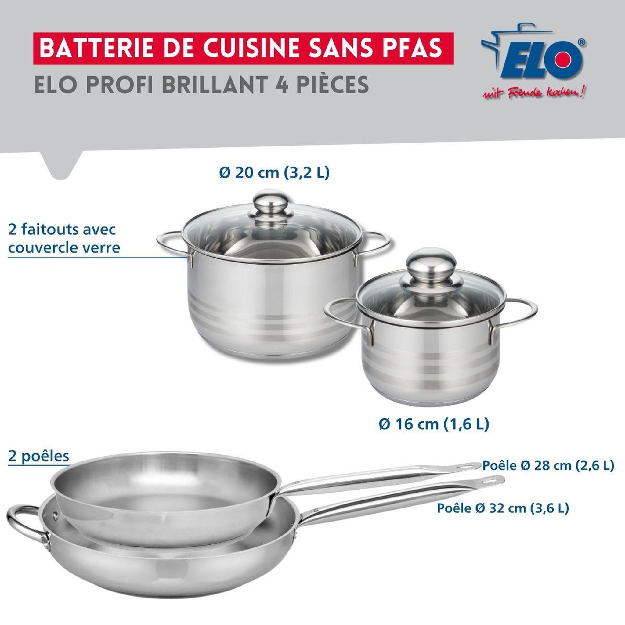 Voir la diapositive 2 : ELO Ensemble de 2 poêles de cuisson 28 et 32 cm et 2 faitouts 16 et 20 cm elo profi brillant