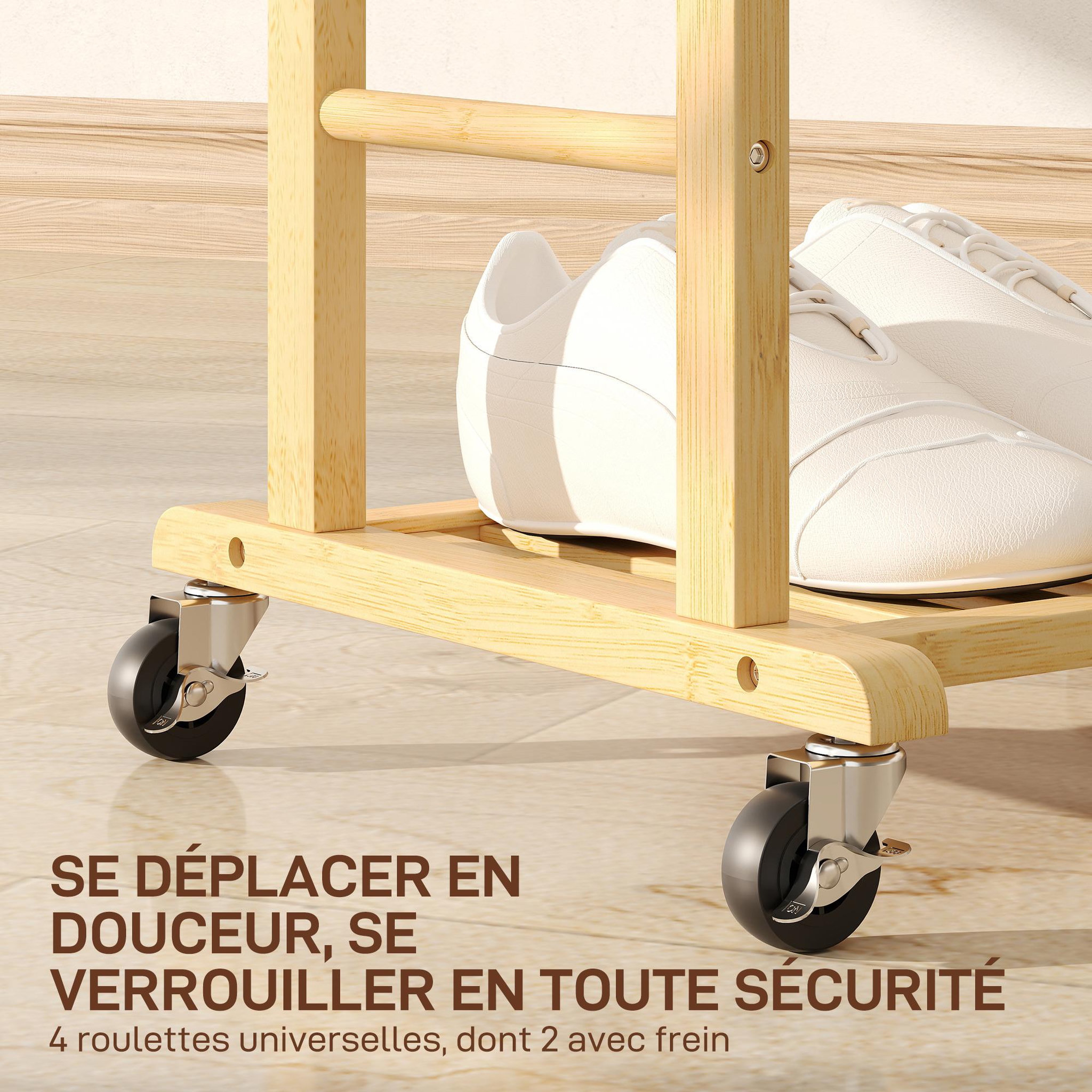 Voir la diapositive 5 : HOMCOM Valet de chambre mobile bois bambou verni - 2 cintres, 4 barres, 2 étagères - dim. 47 x 33 x 105 cm