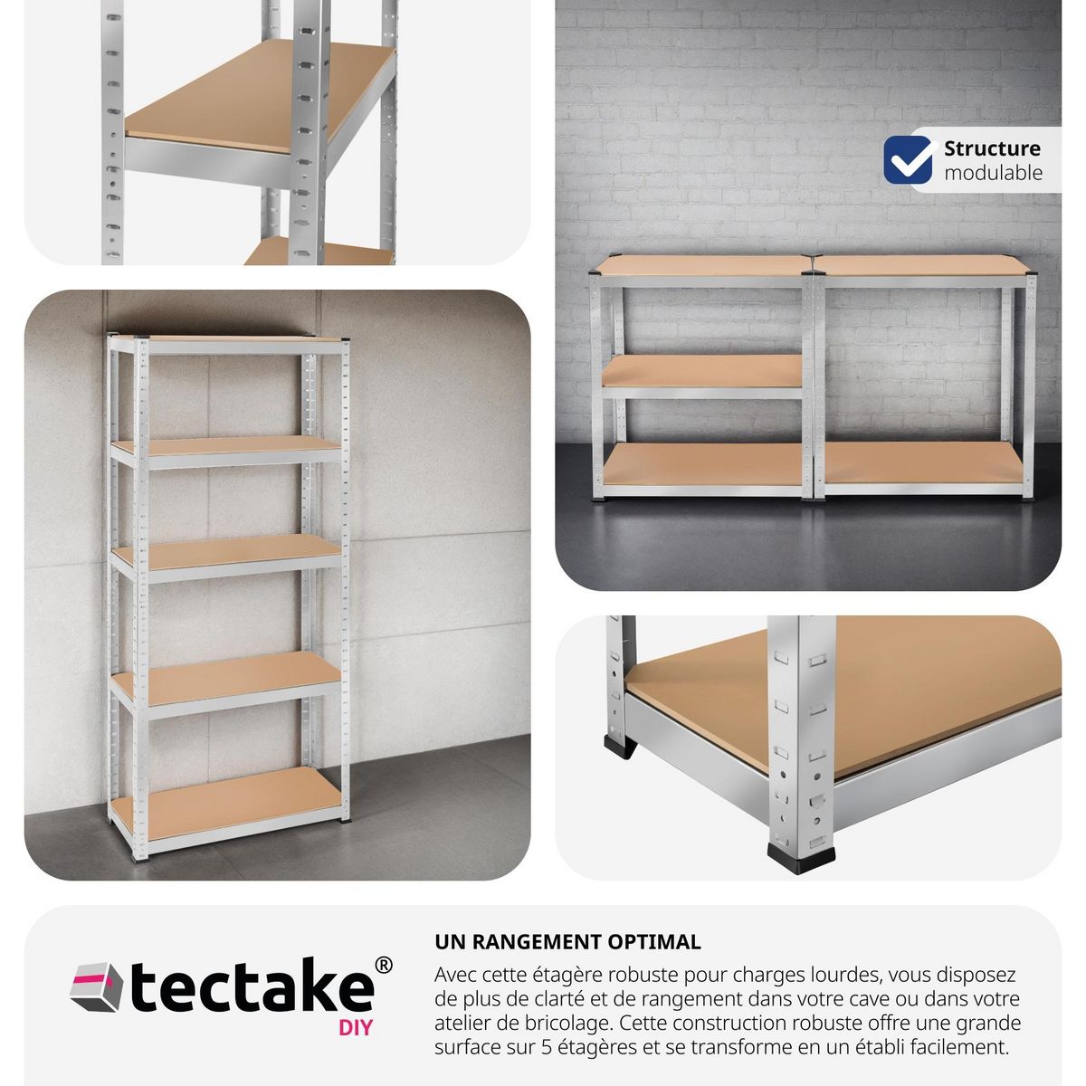 tectake Étagère pour charges lourdes structure en acier galvanisé argent 180 x 75 x 30 cm, 350 kg