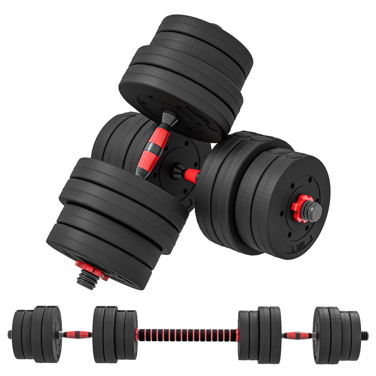 HOMCOM Ensemble d'haltères courtes total 30 Kg - barres incluses - entraînement musculaire & haltérophilie - acier HDPE noir rouge