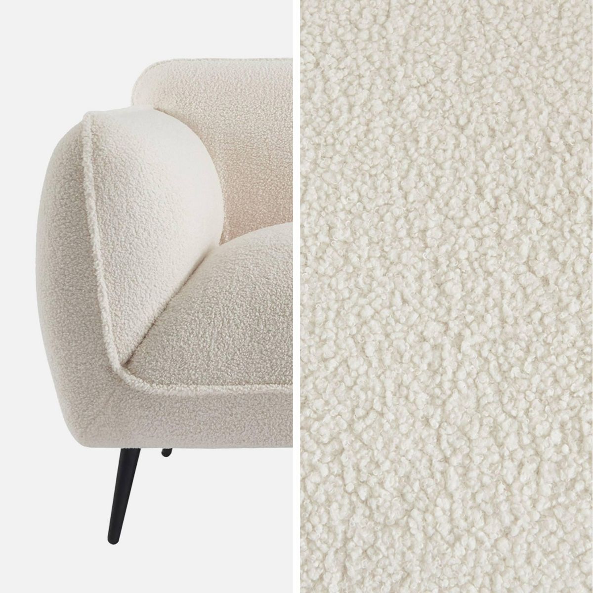 SWEEEK Canapé 3 places tissu bouclette crème et pieds métal noir