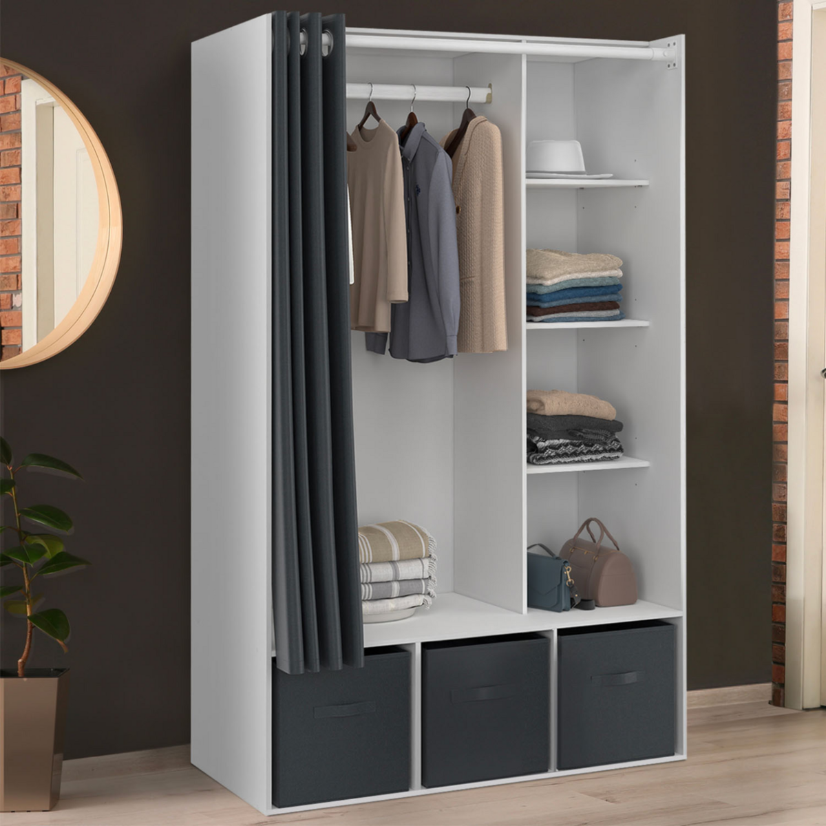 ID MARKET Dressing penderie DIANE 105 x 50 x 172 cm blanc avec étagères + boites de rangement + rideau gris