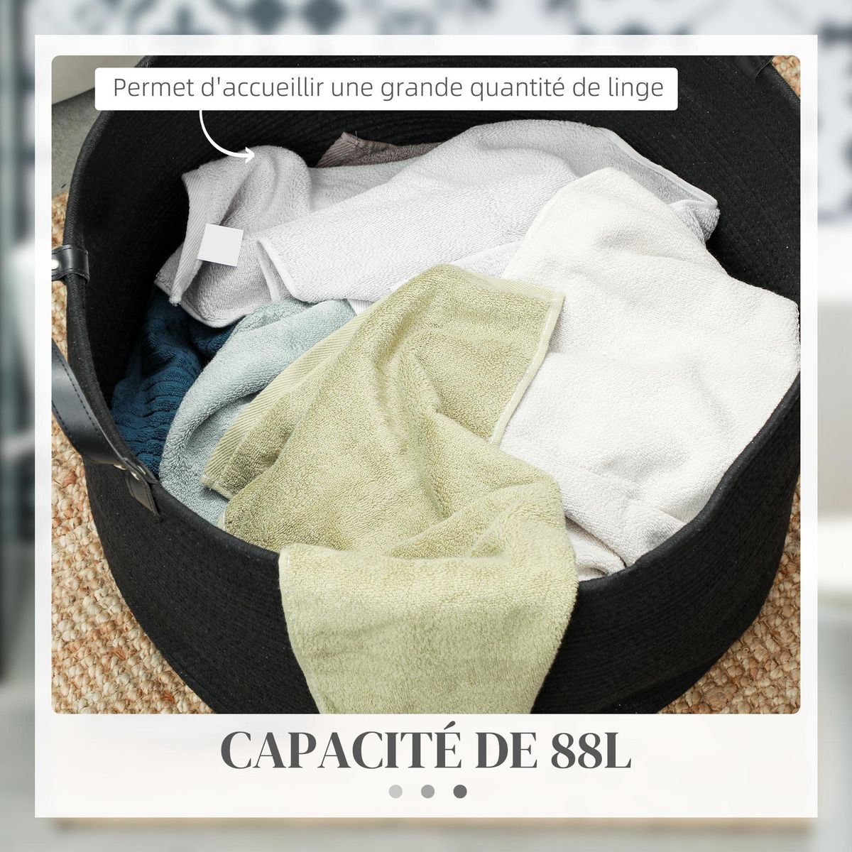 HOMCOM Panier à linge 88L corbeille à linge pliable portable en coton 2 poignées noir