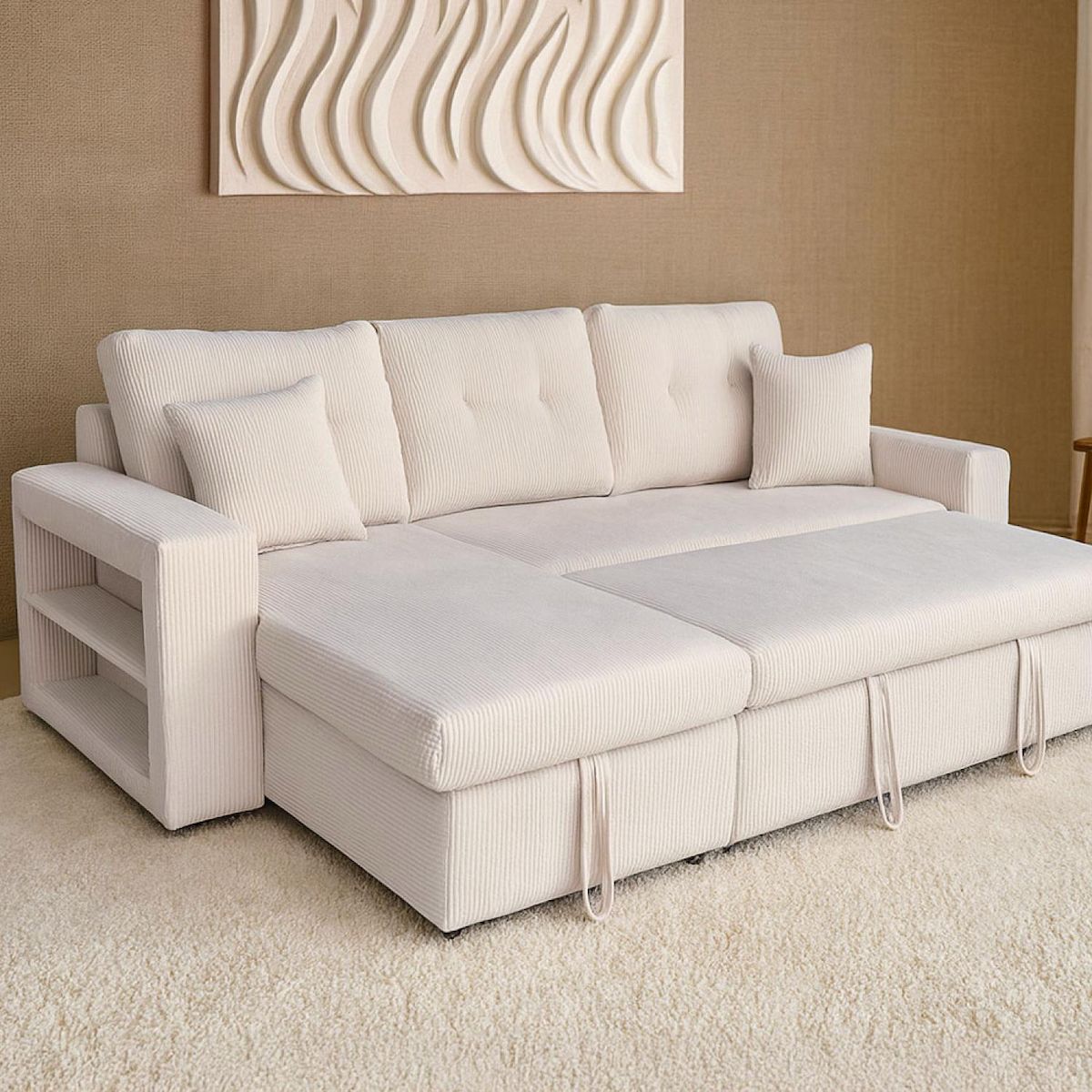 CONCEPT USINE Canapé d'angle convertible 4 places avec coffre en velours côtelé beige GLASGOW
