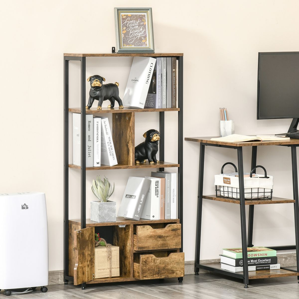 HOMCOM Bibliothèque style industriel 3 étagères placard porte 2 tiroirs panneaux particules aspect vieux bois acier noir