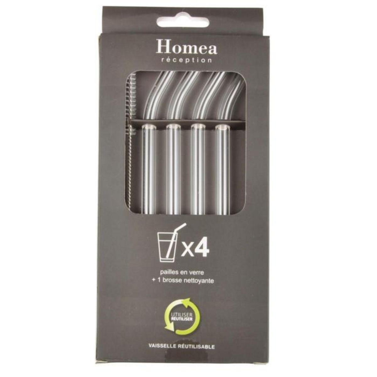 Paris Prix Lot de 4 Pailles Réutilisables  Brosse  18cm Transparent