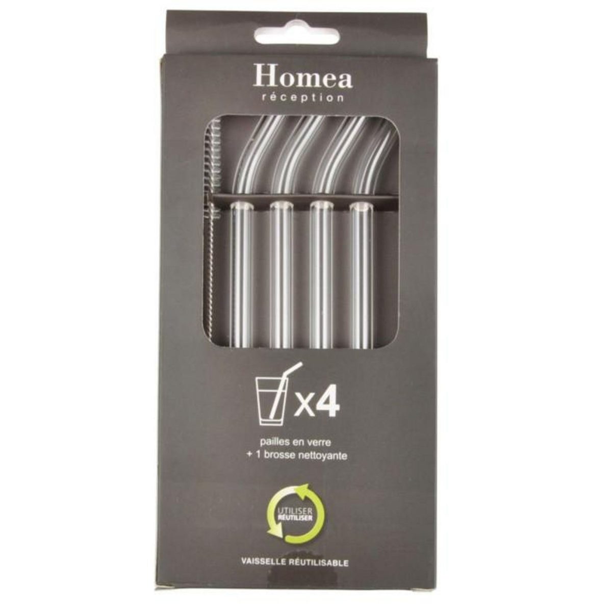 Paris Prix Lot de 4 Pailles Réutilisables  Brosse  18cm Transparent