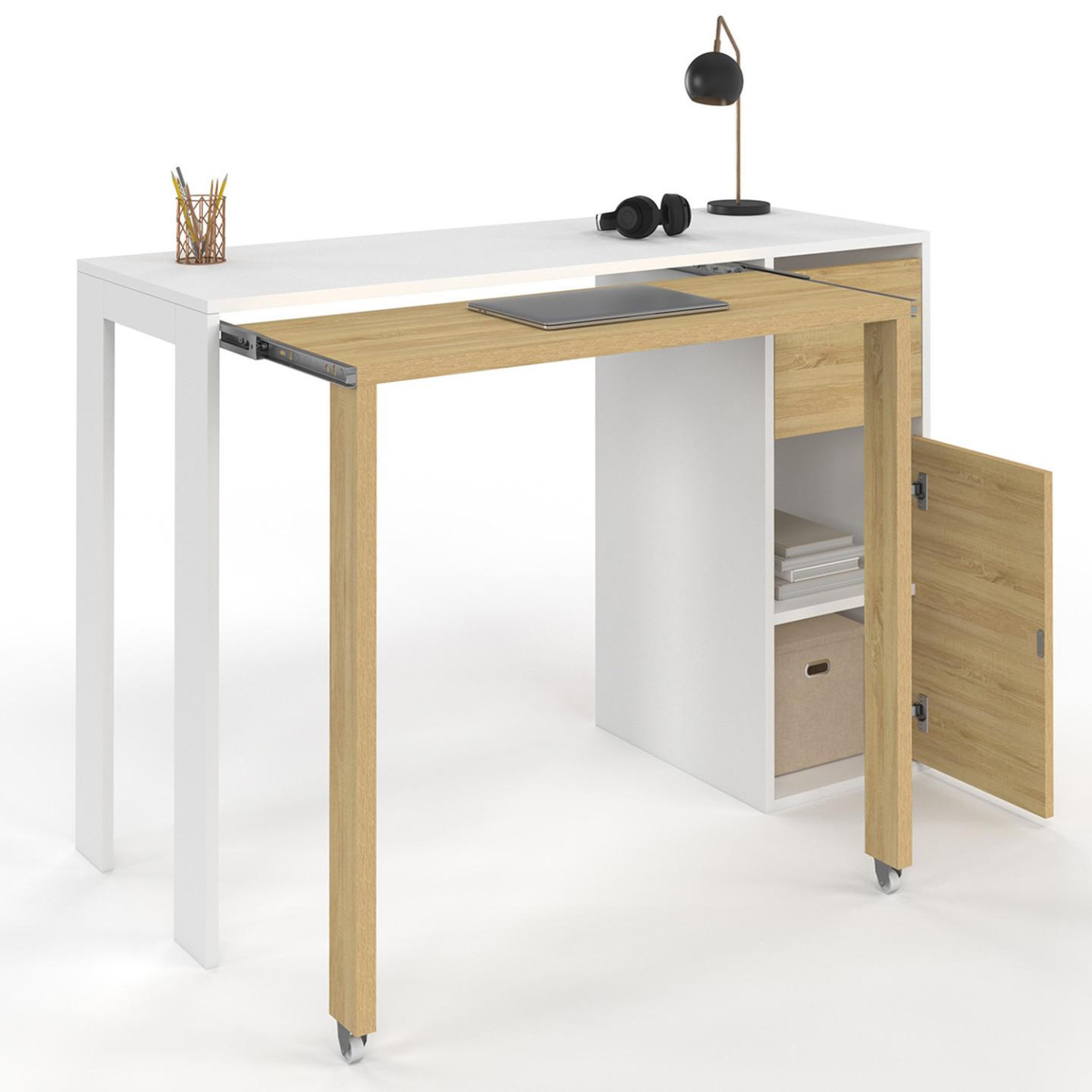 ID MARKET Bureau extensible ron avec colonne de rangement tiroir et placard blanc et bois