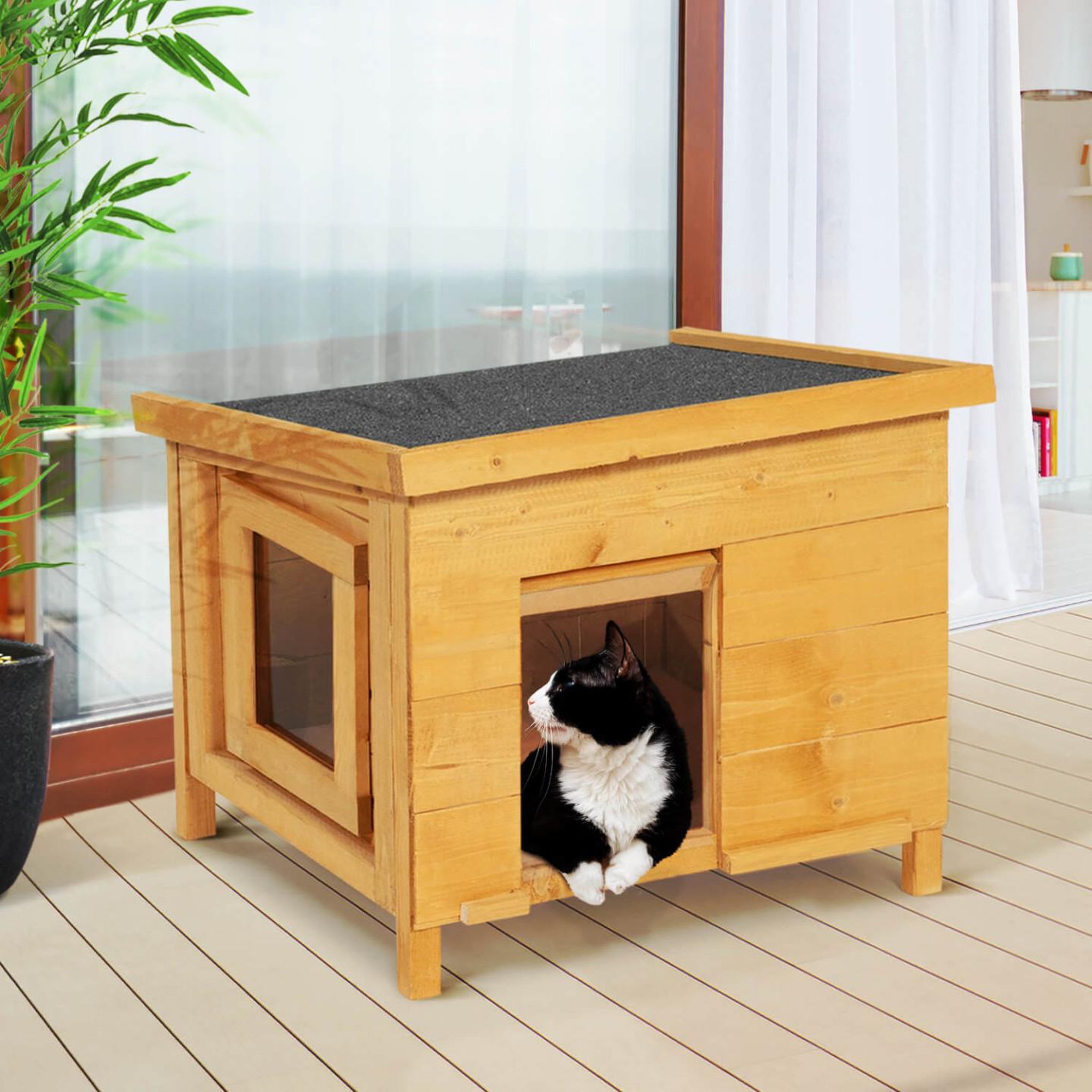 Voir la diapositive 2 : ID MARKET Maison pour chat niche en bois avec porte basculante à lamelles
