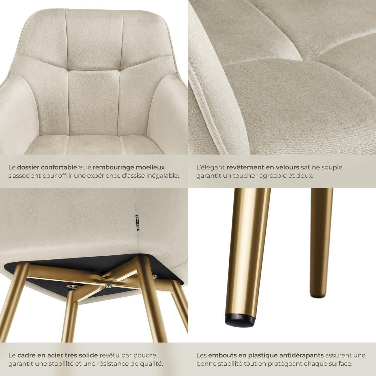 tectake Chaise de salle à manger en velours rembourré capitonné crème/or Lot de 4