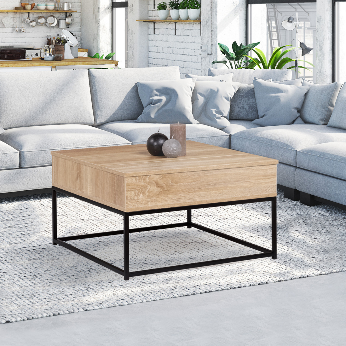 ID MARKET Table basse plateau relevable carrée DETROIT design industriel