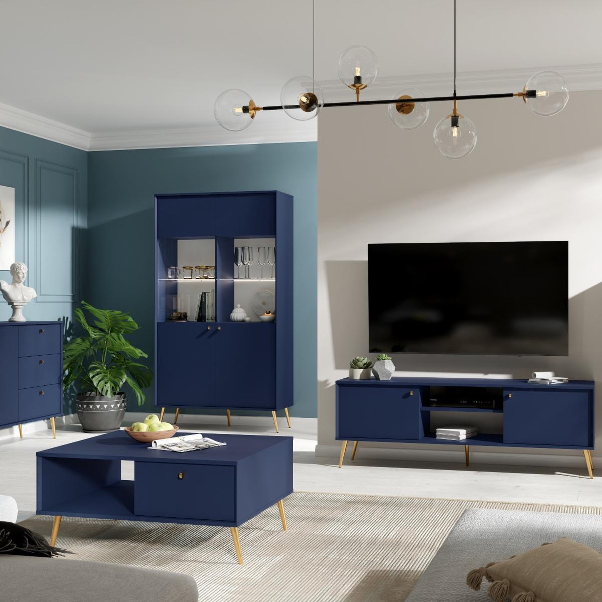Voir la diapositive 4 : JLC KREATION Table basse avec tiroir bleu et pied doré ezia