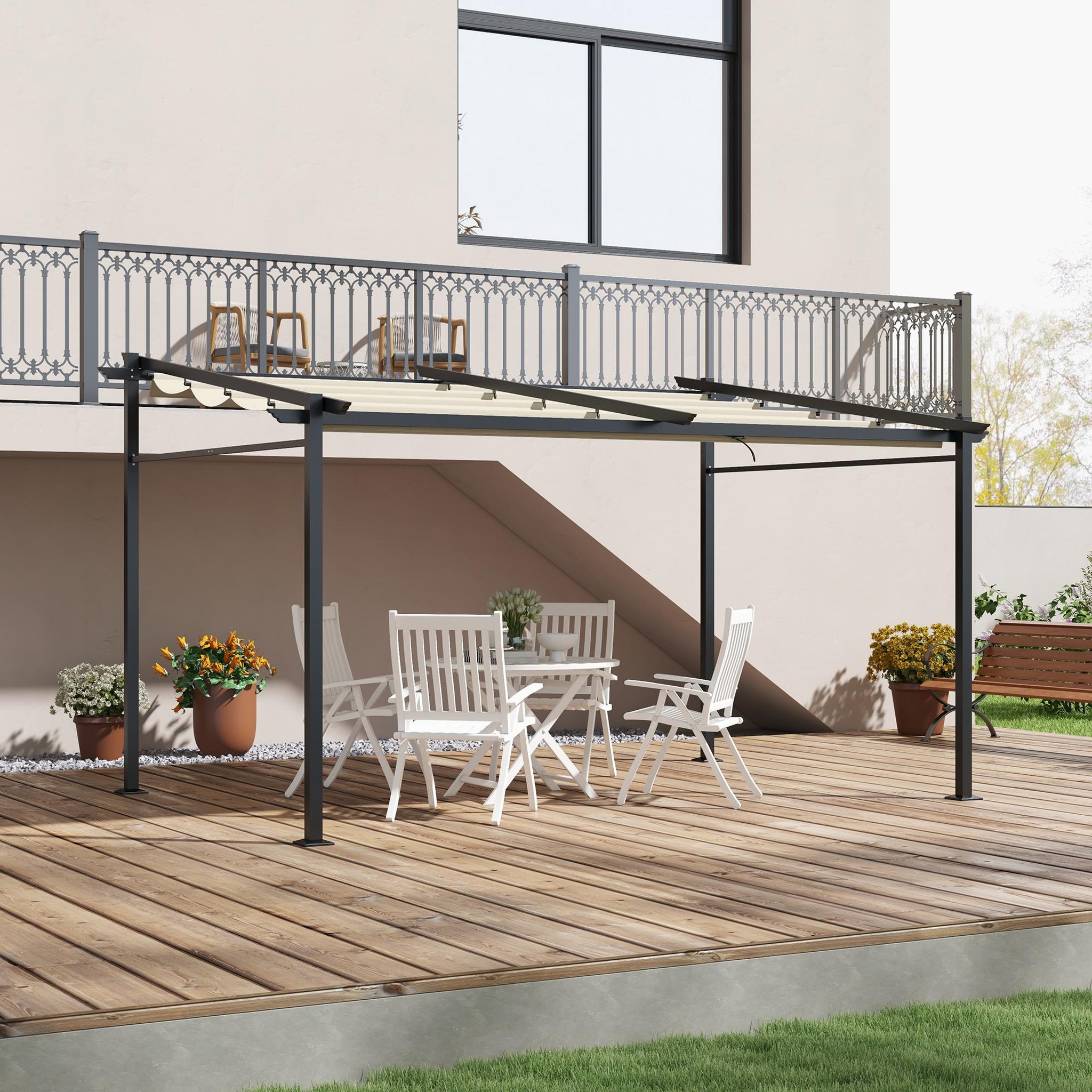 Voir la diapositive 2 : OUTSUNNY Pergola rétractable 3,97L x 2,95l x 2,3H m structure alu. métal époxy polyester beige
